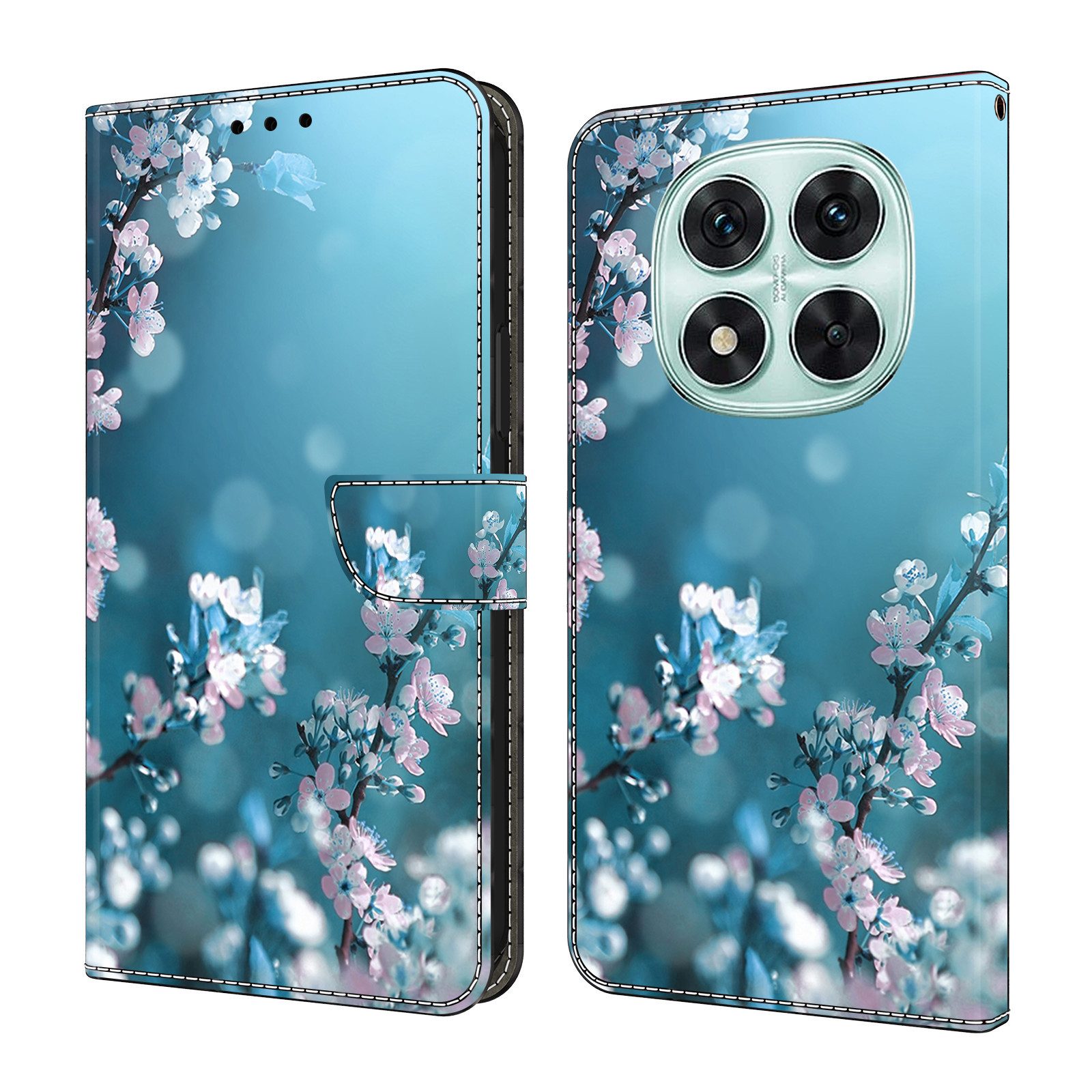 CLM-Tech Handytasche für Xiaomi Redmi Note 14 PRO 5G Hülle aus PU-Leder Klapphülle (Pflaumenblüte blau, Handyhülle mit Standfunktion - Wallet Flip Case inklusive Kartenfächer), Cover mit Magnetverschluss für Xiaomi Redmi Note 14 Pro 5G / 4G