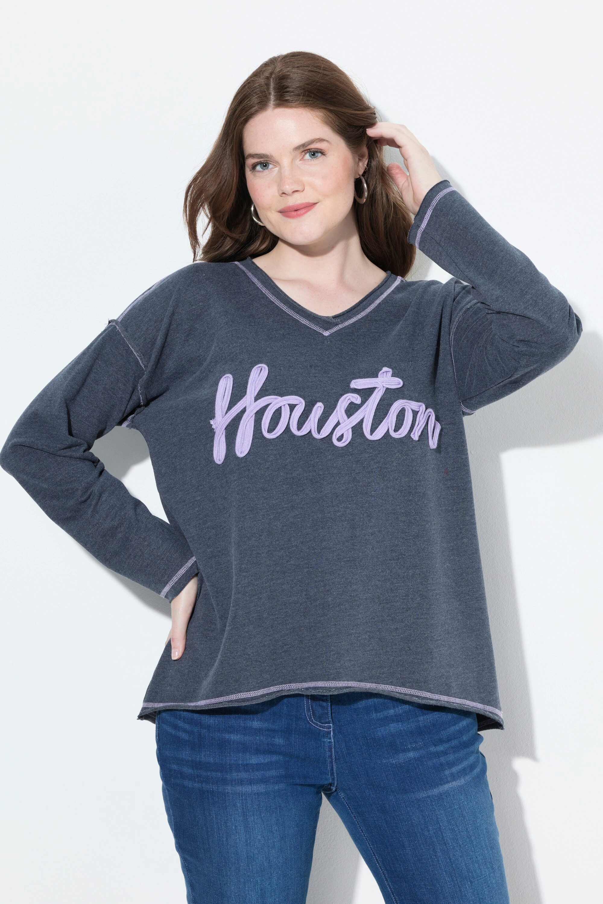 Ulla Popken Sweatshirt Sweatshirt Houston V-Ausschnitt Langarm Rollkanten günstig online kaufen