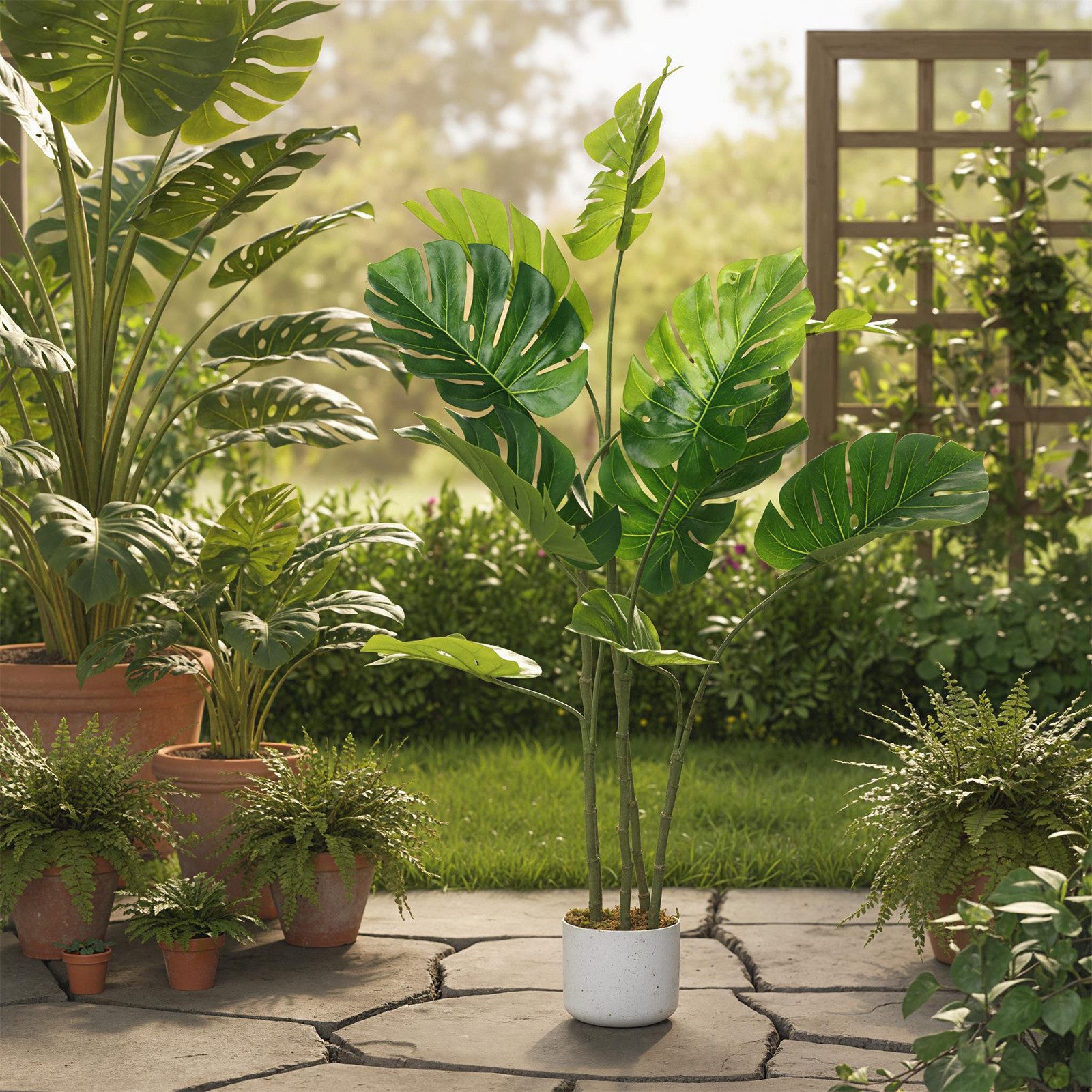 Kunstpflanze Künstlicher Monstera Deliciosa mit Topf Groß Kunstpalme für Indoor, GarveeMore, Höhe 120 cm, Höhe 110cm/120cm – Bild 4 von 5