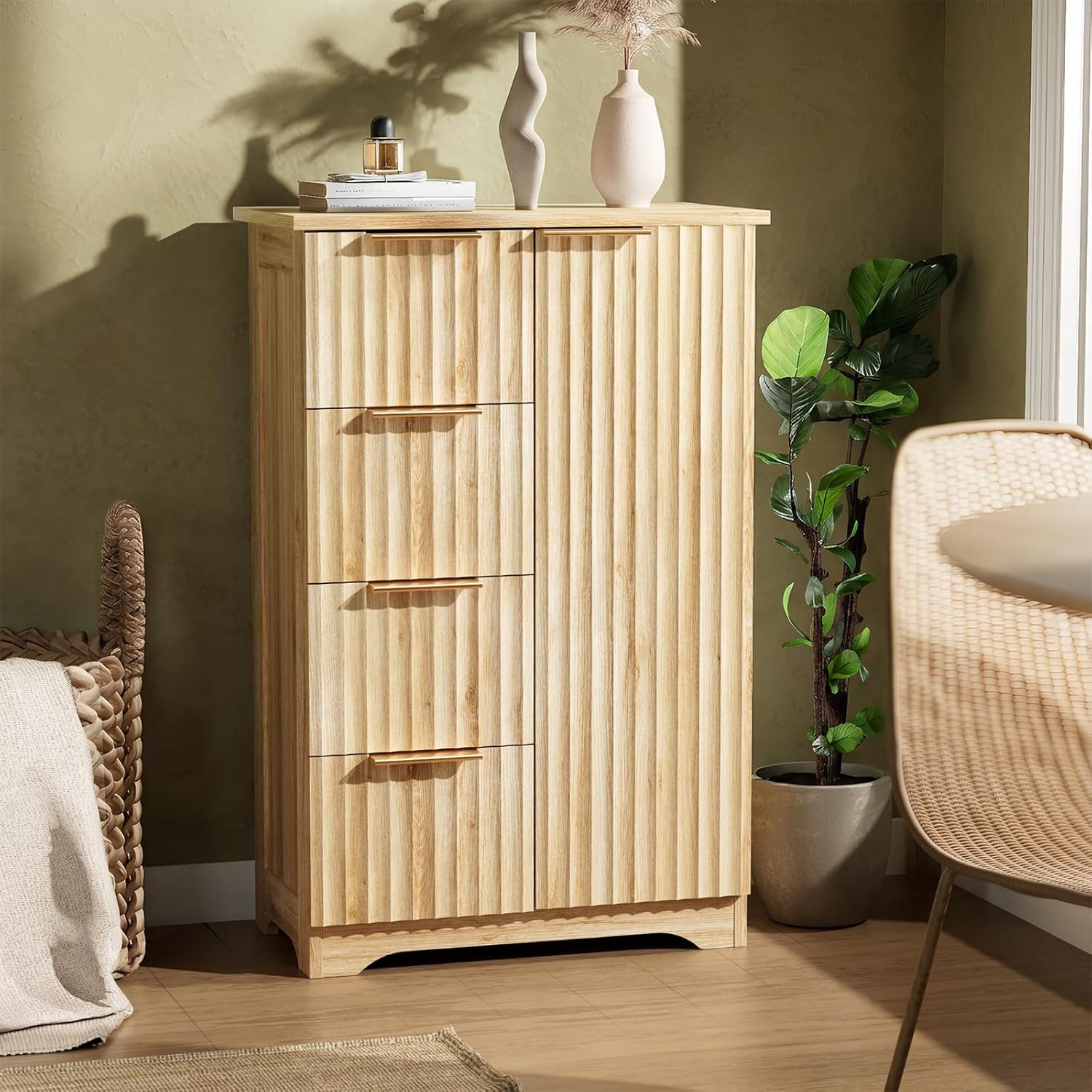 Karlhome Sideboard mit 3D-Lamellenoptik, 4 Schubladen und 1 Tür, 53,4 × 29 × 82,5 cm (1 St), platzsparende Kommode für Wohnzimmer und Küche, Holz-Design