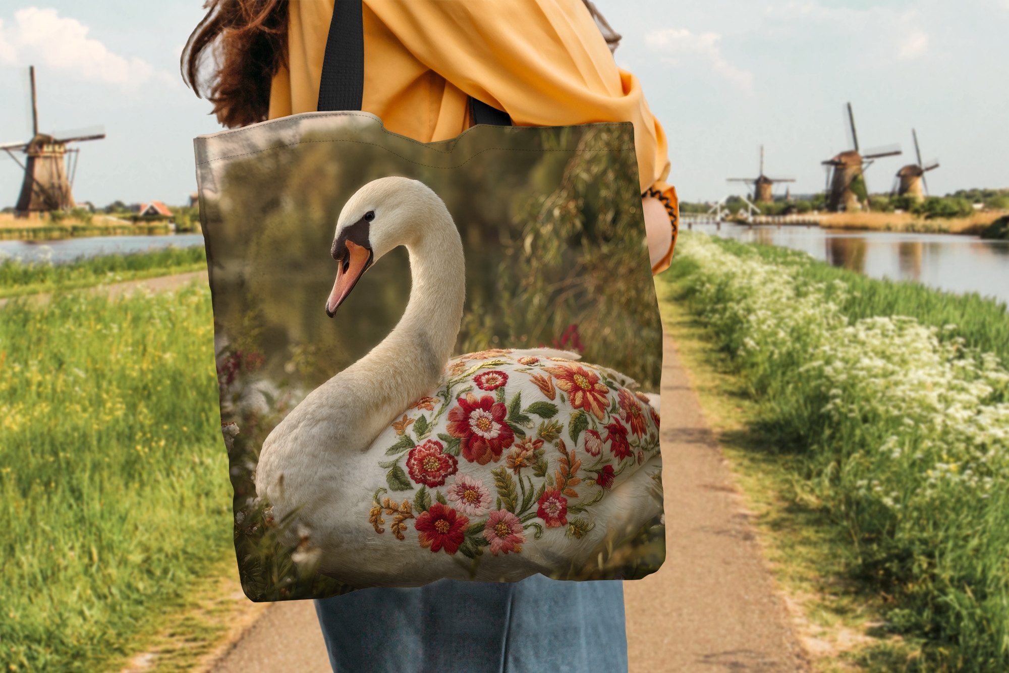 MuchoWow Shopper Schwan - Blumen - Natur, Handtasche, Damen und Herren, Schultertasche, Umhängetasche, Tote Bag