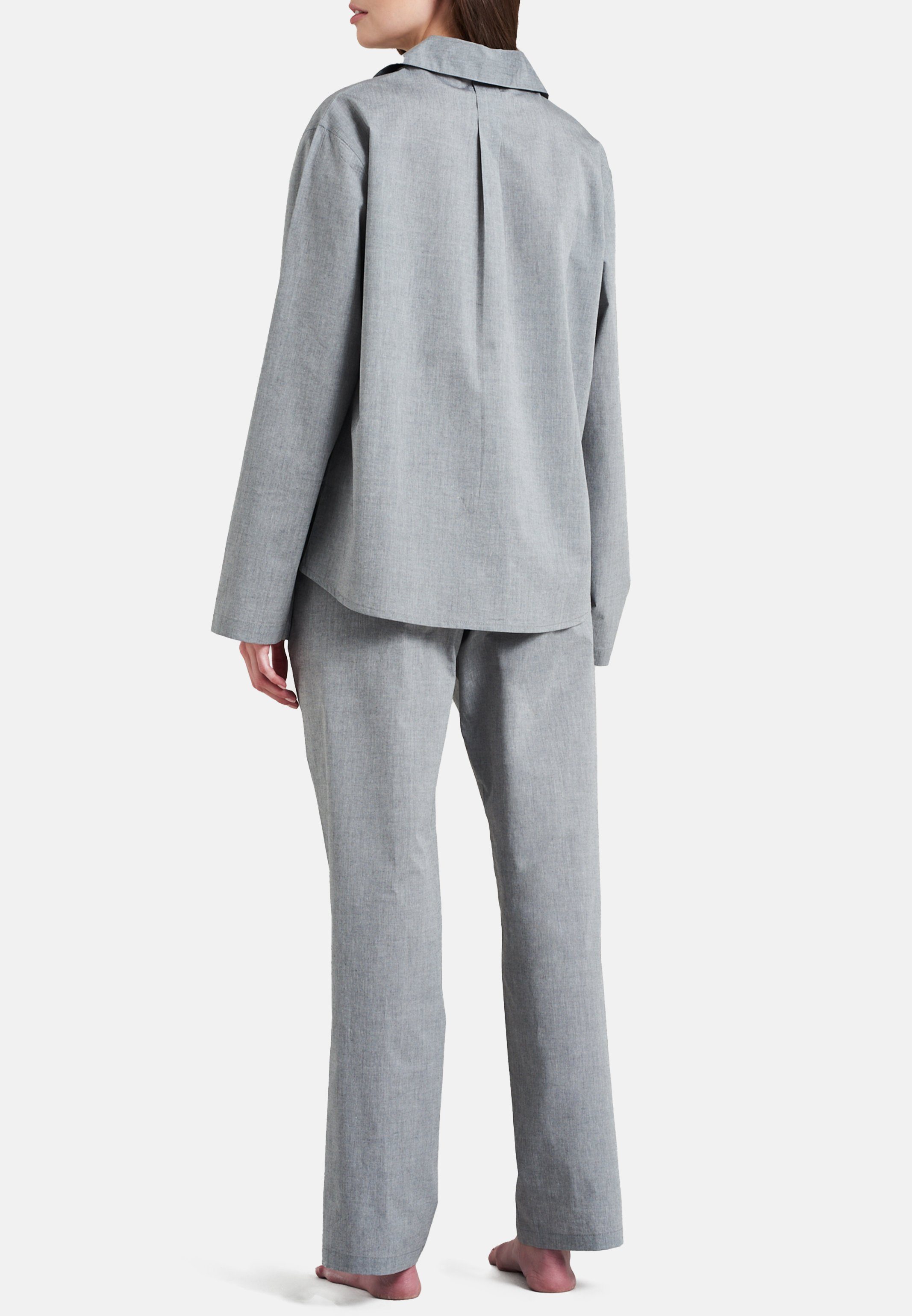 (Set, Chambray Pyjama durchgehender mit 2 Baumwolle tlg) - Oberteil seidensticker Pyjama lang - Knopfleiste