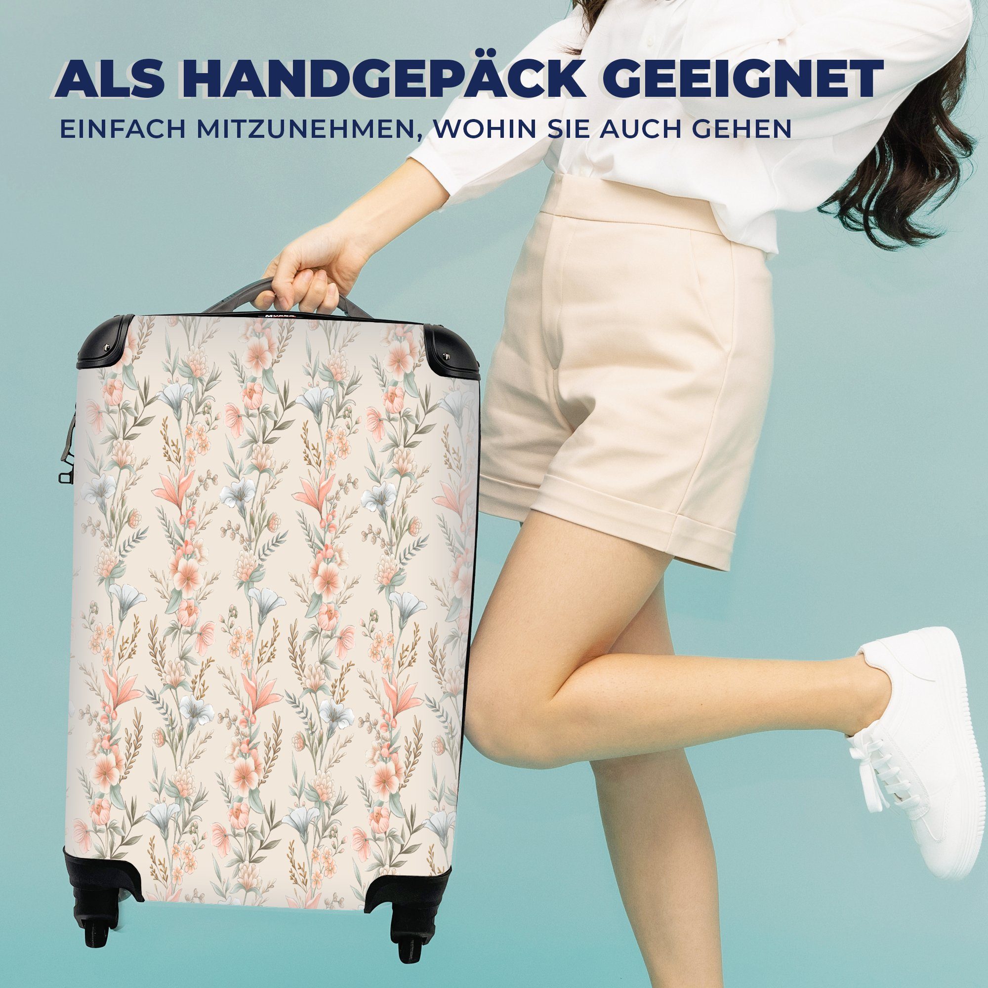 Vintage Muster, 4 für Reisekoffer Blumen Trolley, Reisetasche - - rollen, mit Ferien, Handgepäck MuchoWow Rollen, Handgepäckkoffer