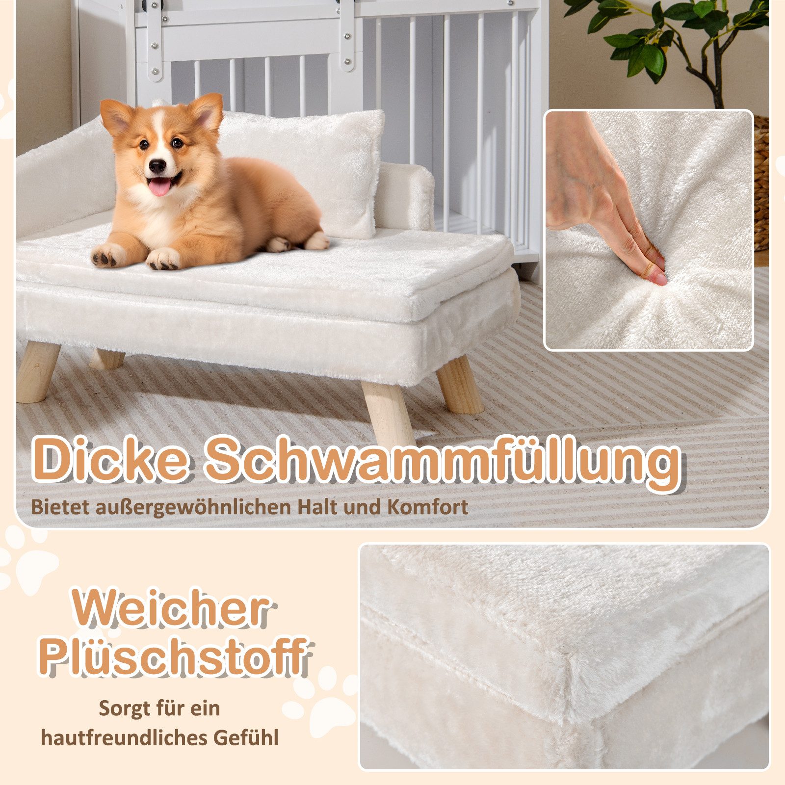 KOMFOTTEU Tiersofa, Hundebett mit Rückenlehne, abnehmbarem Kissen & Holzbeinen