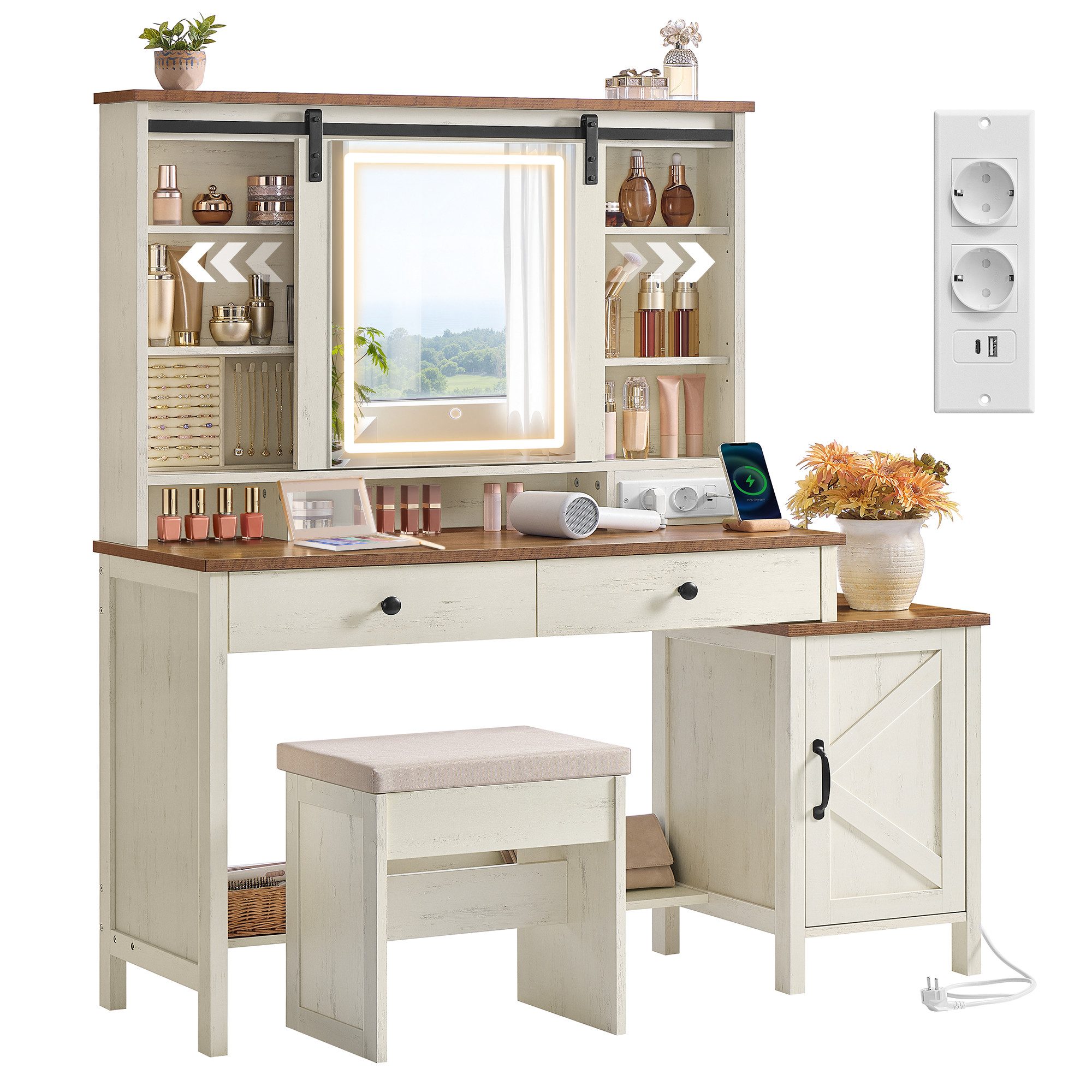 VASAGLE Schminktisch Frisiertisch mit Spiegel und Beleuchtung, 2 Schubladen (Tisch mit Hocker), im Landhausstil mit Hocker, Ladestation, Schmuckaufbewahrung – Bild 3 von 5
