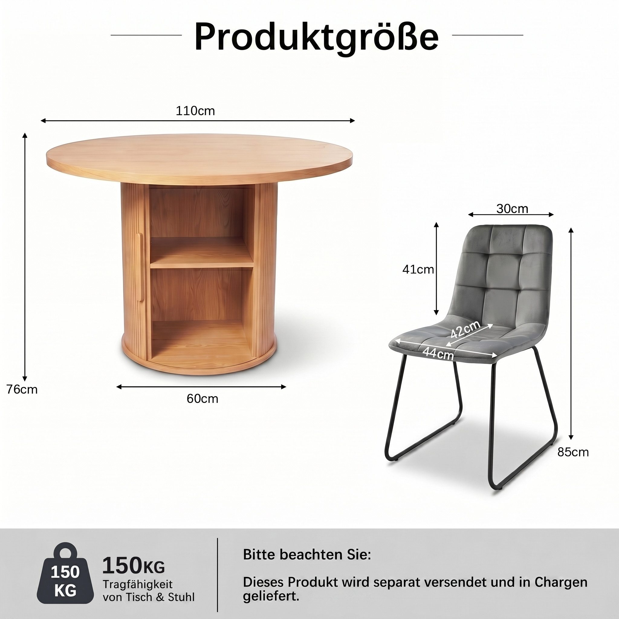 Jiexi Essgruppe Essgruppe rund Ø110cm MDF Eiche mit Stauraum & Flanell Stühlen