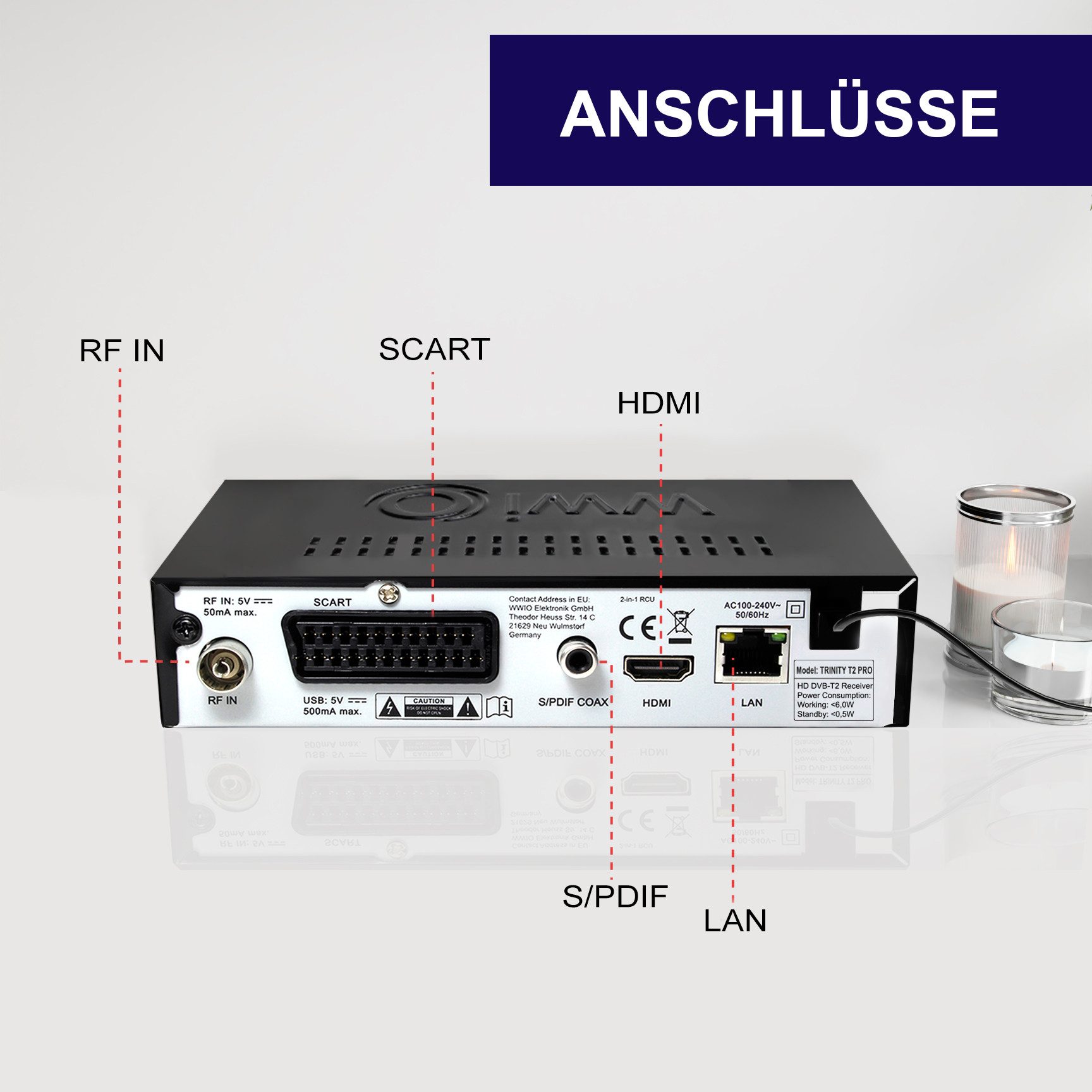 WWIO Trinity T2 PRO mit 2 in 1 Fernbedienung, PVR, DVB-T2 HD Receiver (Unterstützt DVB‑T2 HEVC H.265 mit PVR‑ und Timeshift‑Funktion)