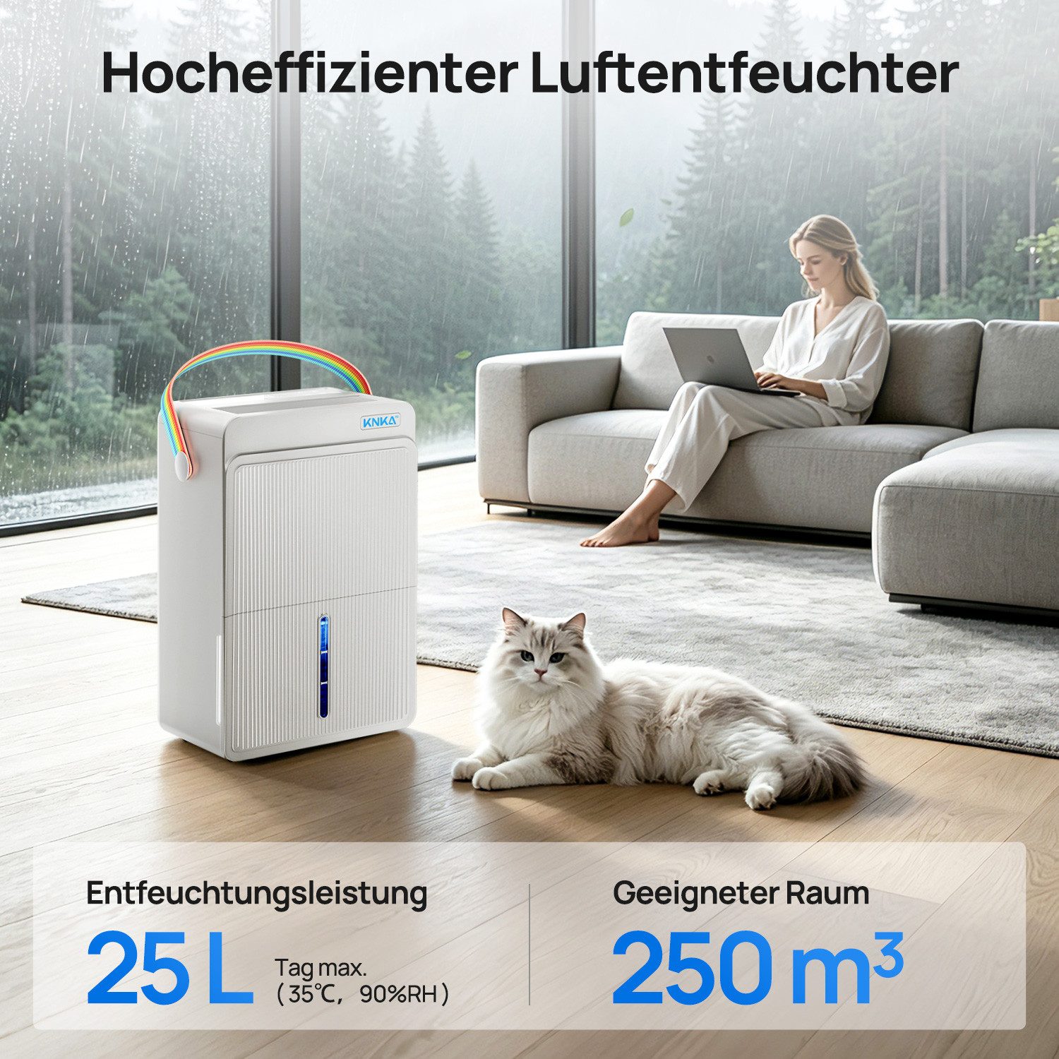 KNKA PRO Luftentfeuchter Luftentfeuchter Elektrisch Entfeuchter Leise,Dauerbetrieb, für 250 m³ Räume, Entfeuchtung 25 l/Tag, Tank 4 l, Timer,Wäschetrocknung,Schlafmodus