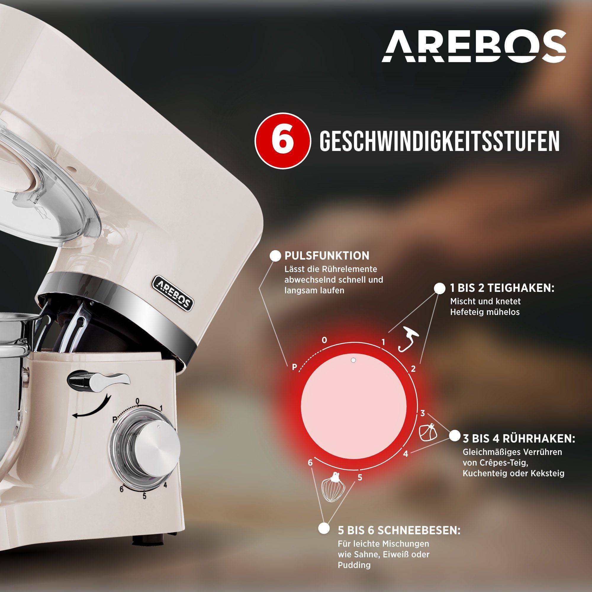 Arebos Küchenmaschine mit 2x Edelstahl-Rührschüsseln 4,5 & 5,5L, 1500 W, 5,50 l Schüssel, Küchenmixer mit Rührhaken, Knethaken, Schlagbesen und Spritzschutz