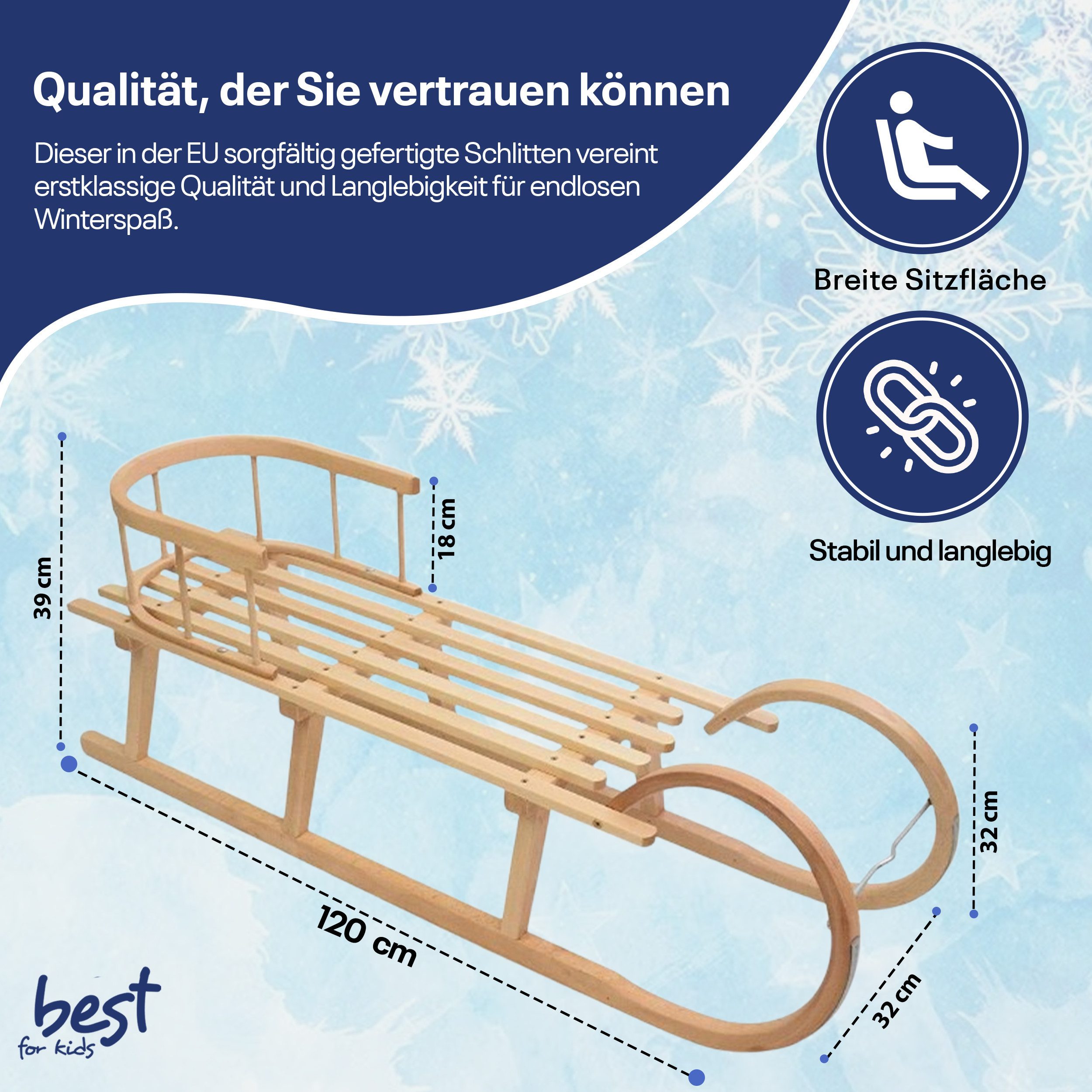 Best for Kids Hörnerrodel Hornschlitten – Kinder-Holzschlitten mit Rückenlehne und Metallkufen (Holzschlitten, Kinderschlitten mit Rückenlehne), 120 x 32 x 39 cm (L x B x H)