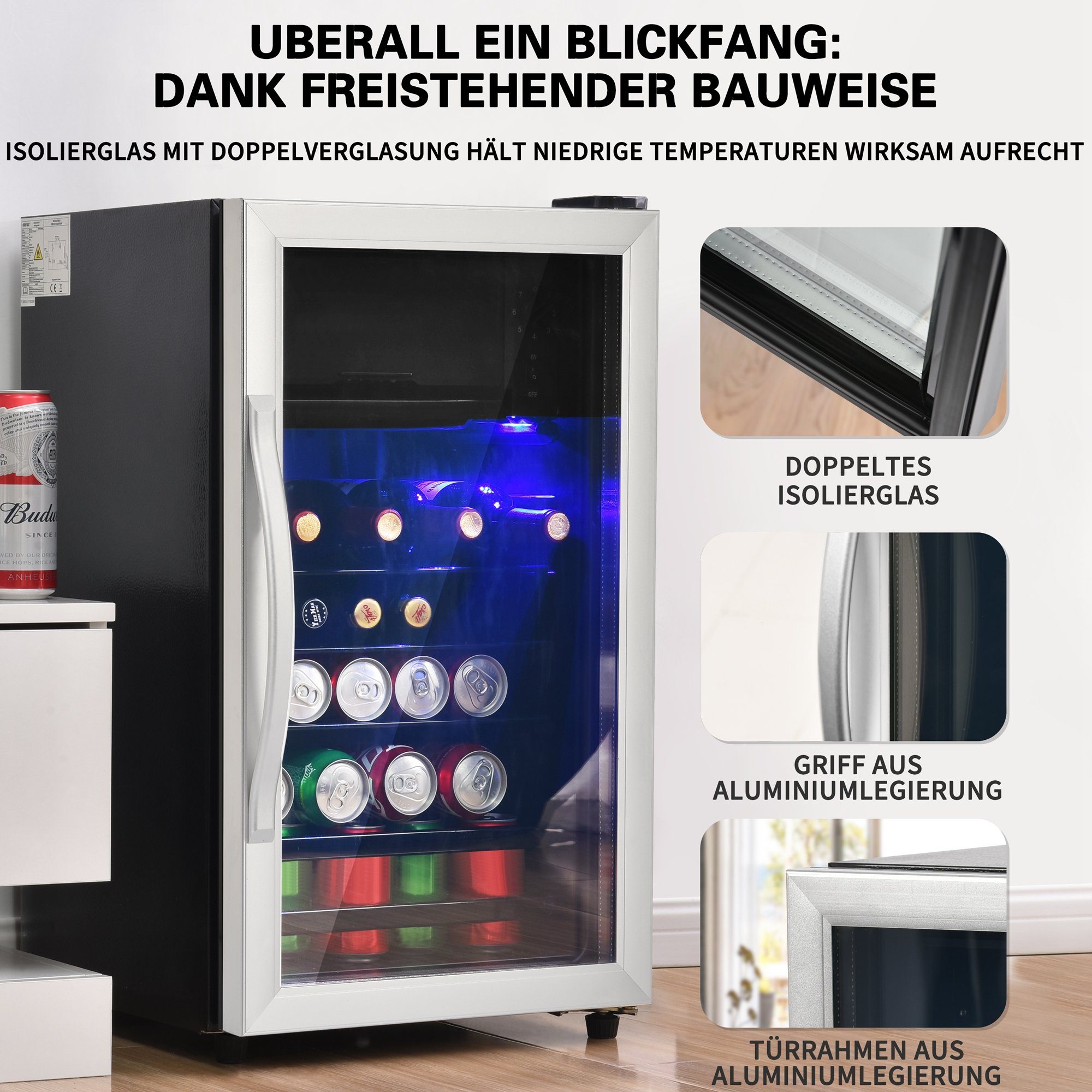 Merax Kühlschrank mit Gefrierfach, LED-Beleuchtung, Kühl- und  Gefrierfunktion SC-76P, 72 cm hoch, 40 cm breit, Weinkühlschrank aus  Aluminium, Glastür, 76L, verstellebare Ablage