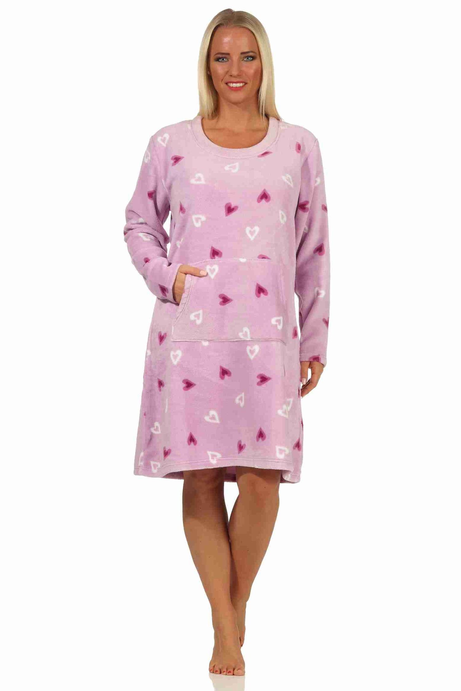 Normann Nachthemd Herz-Motiv Nachthemd Hauskleid flieder softem Coralfleece Damen Optik in aus