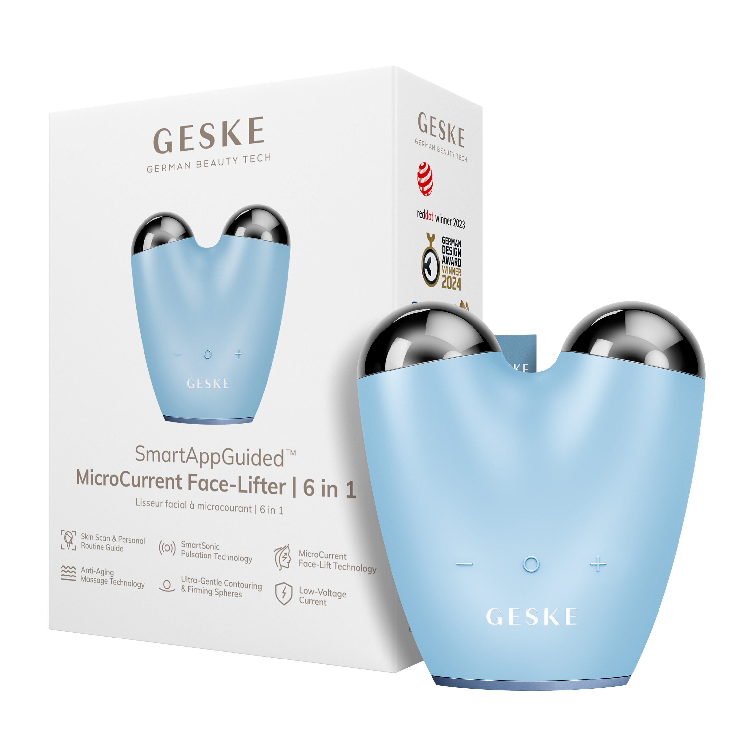 GESKE German Beauty Tech Enhancer SmartAppGuided™ MicroCurrent Face-Lifter 6 in 1, Packung (Gerät & USB-Ladekabel), 2-tlg., Gerät inkl. kostenloser APP (SmartAppGuided Device), Mit der GESKE App erhältst Du deine personalisierte Hautpflegeroutine.