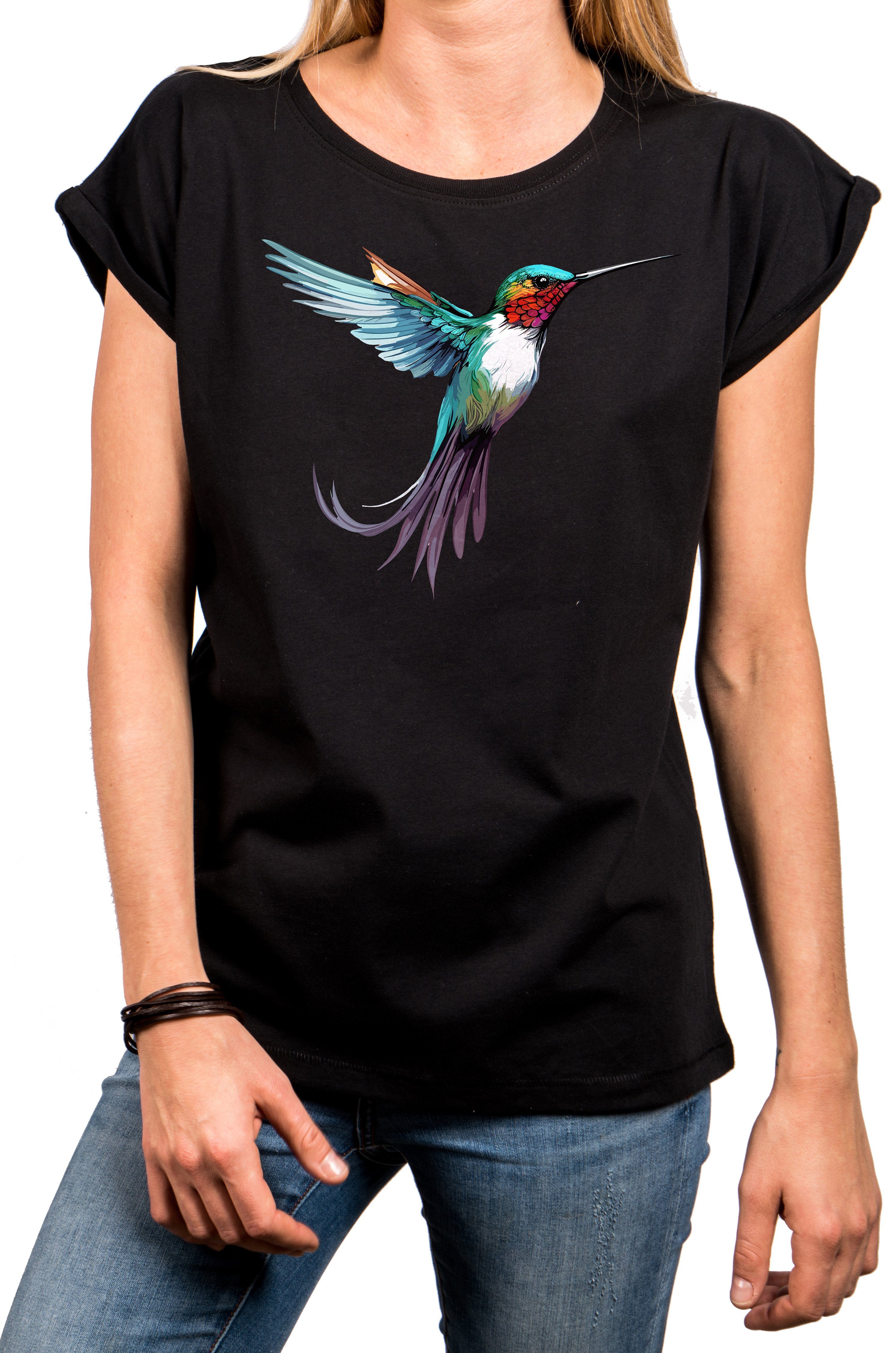 MAKAYA Print-Shirt Damen Kolibri Kurzarmshirt Top Sommer Druck Oversize, Tunika Motiv Schwarz Vogel große Größen