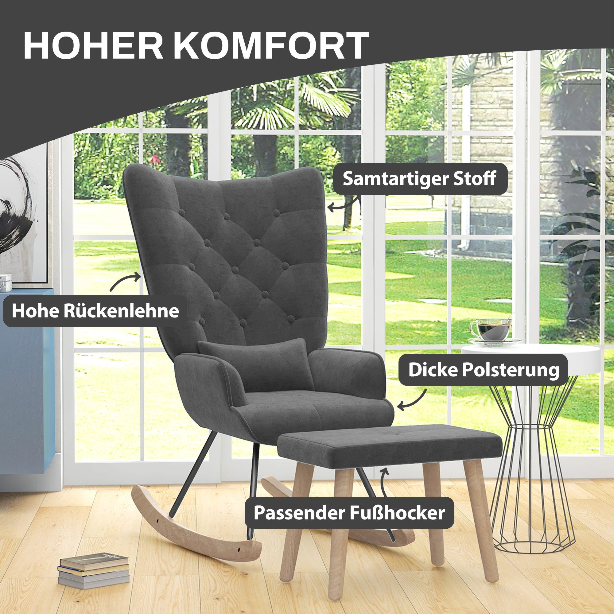 HOMCOM Relaxsessel Ohrensessel mit Hocker, Kissen, Samtoptik (Polsterstuhl, 2-St., Loungesessel), für Schlafzimmer, Wohnzimmer, 66 x 96 x 101 cm, Dunkelgrau