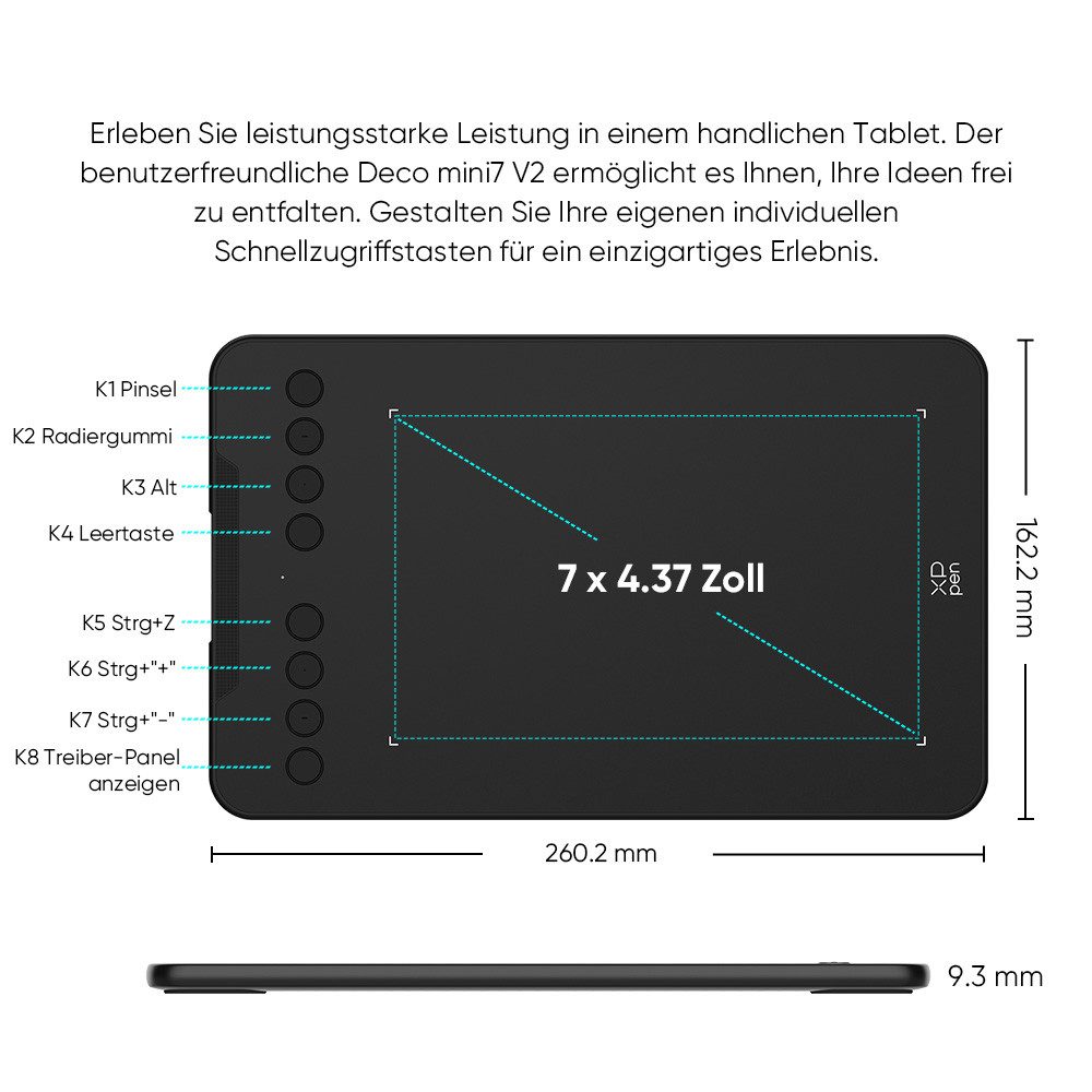 XP-PEN Deco Mini7 V2 Grafiktablett (7", 16.384 Druckstufen60° Neigungserkennungbatterieloser Stift)