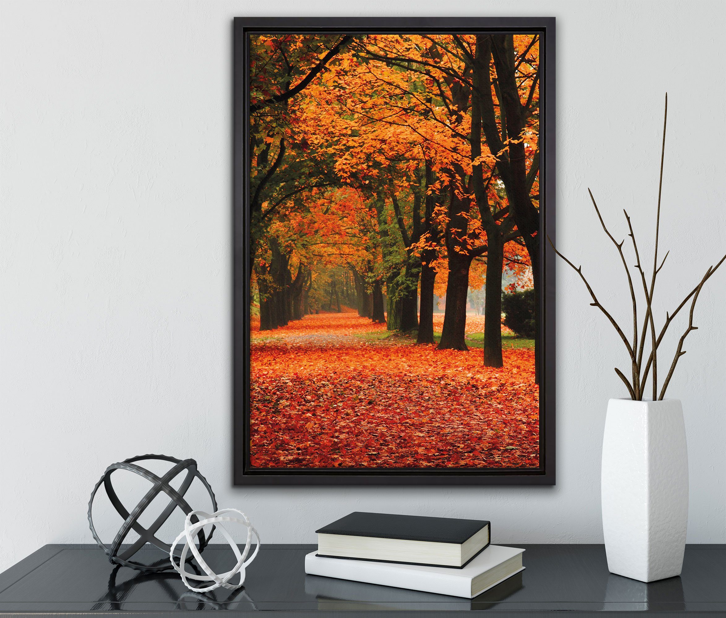 Herbst, Leinwandbild fertig einem bespannt, Pixxprint Schattenfugen-Bilderrahmen in Wanddekoration Baumallee (1 Zackenaufhänger im St), Leinwandbild inkl. gefasst,