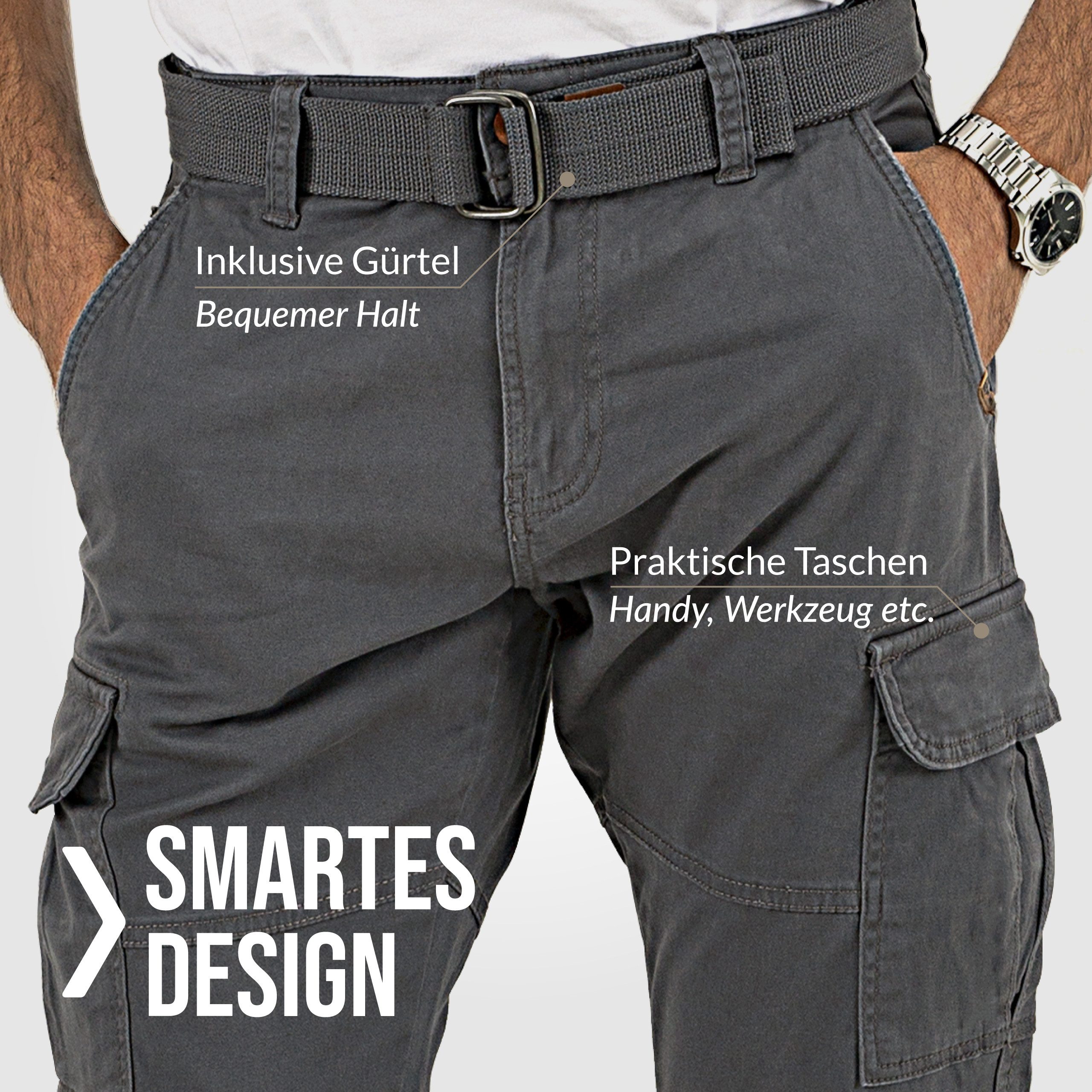 Indicode Cargohose Herren William Cargo Hose Herrenhose mit 7 Taschen, inkl. Gürtel