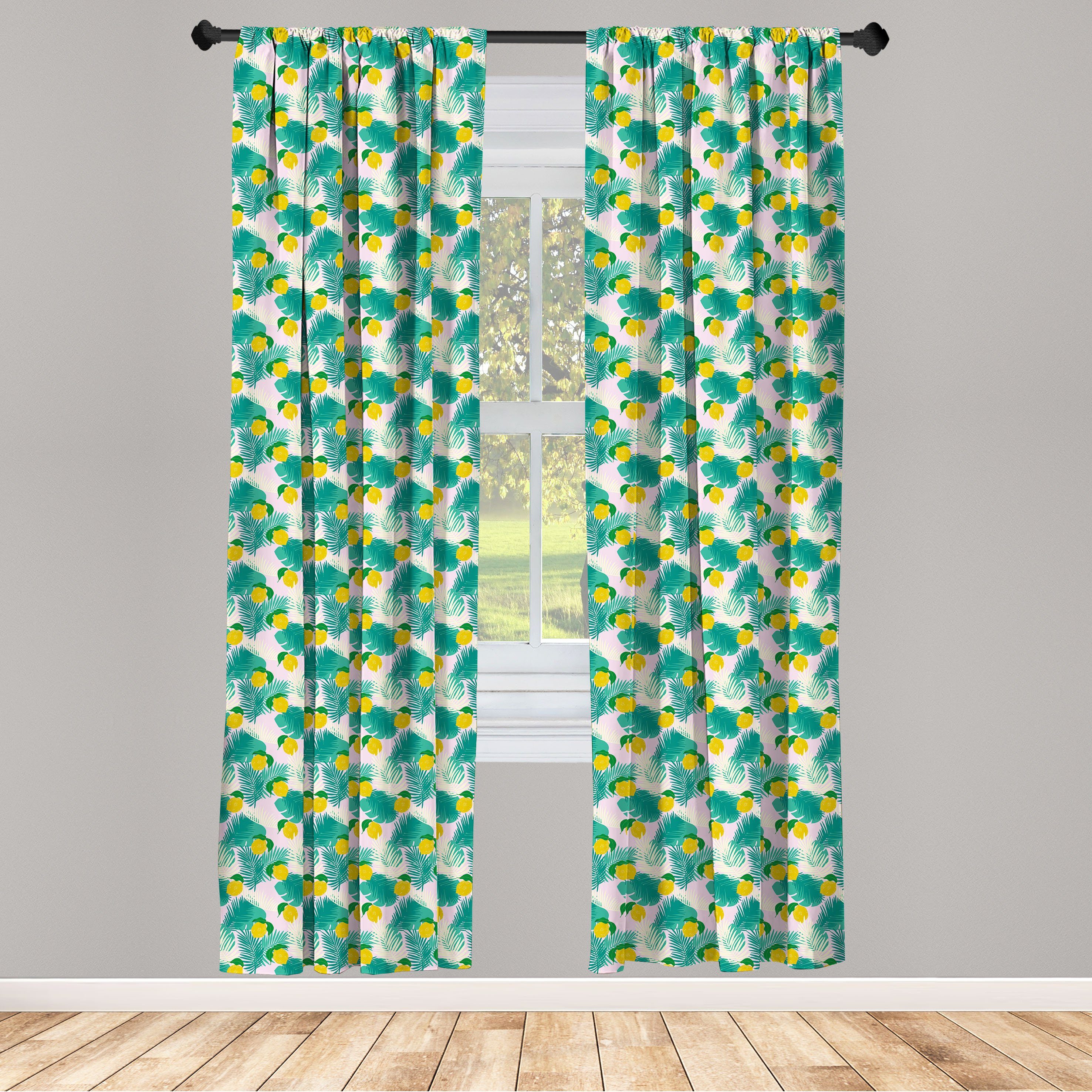 Gardine Vorhang für Abakuhaus, Microfaser, Zitronen Wohnzimmer Leaves Exotisch Green Gelbe Dekor, Schlafzimmer