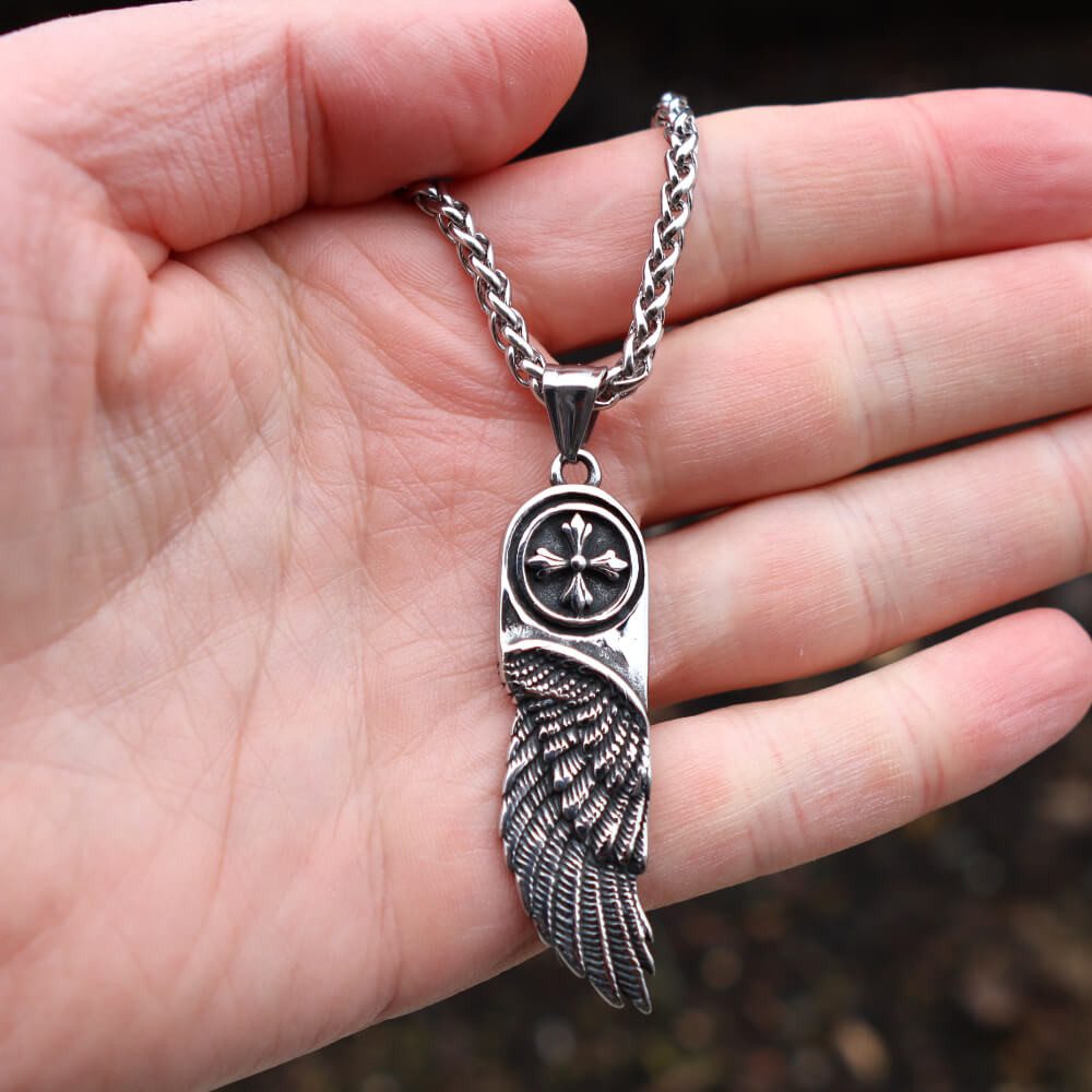 DALMARO Kette mit Anhänger Lederkette Edelstahlkette 316L FLÜGEL KREUZ, Herren Halskette Biker / Wikinger Kette - Schmuckbox