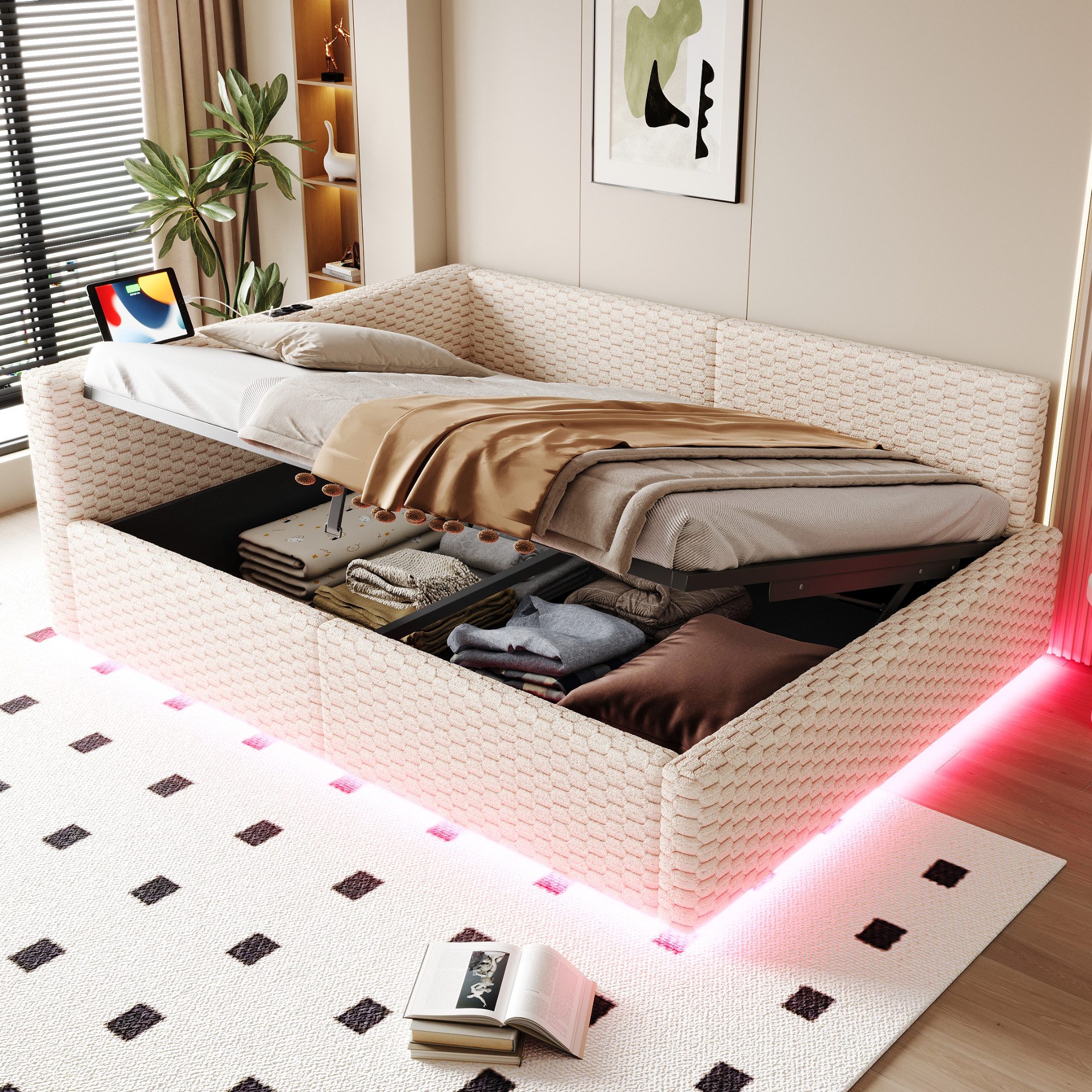 Odikalo Schlafsofa Polsterbett 90x200 140x200 mit Bettkasten & LED, mit LED-Beleuchtung, Tape-C und zwei USB-Anschlüssen, L-förmiger weicher Rückenlehne, Samtstoff, Hydraulischem Bettgestell, Beige / Grau (Matratze nicht im Lieferumfang enthalten)