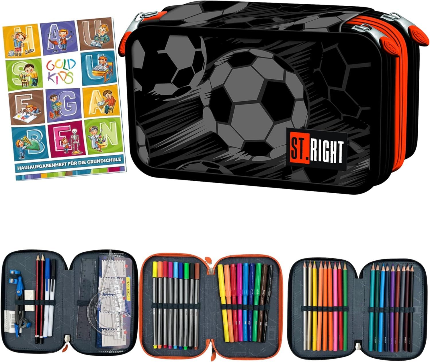 GOLDKIDS Federmäppchen 3 Fächer - Mäppchen für Mädchen und Jungen -, (Federmappe 3-Fach Federtasche, 1-tlg., Gefüllte Schüleretui 46-teilig), Schulmäppchen und Hausaufgabenheft - Classic Ball Motiv