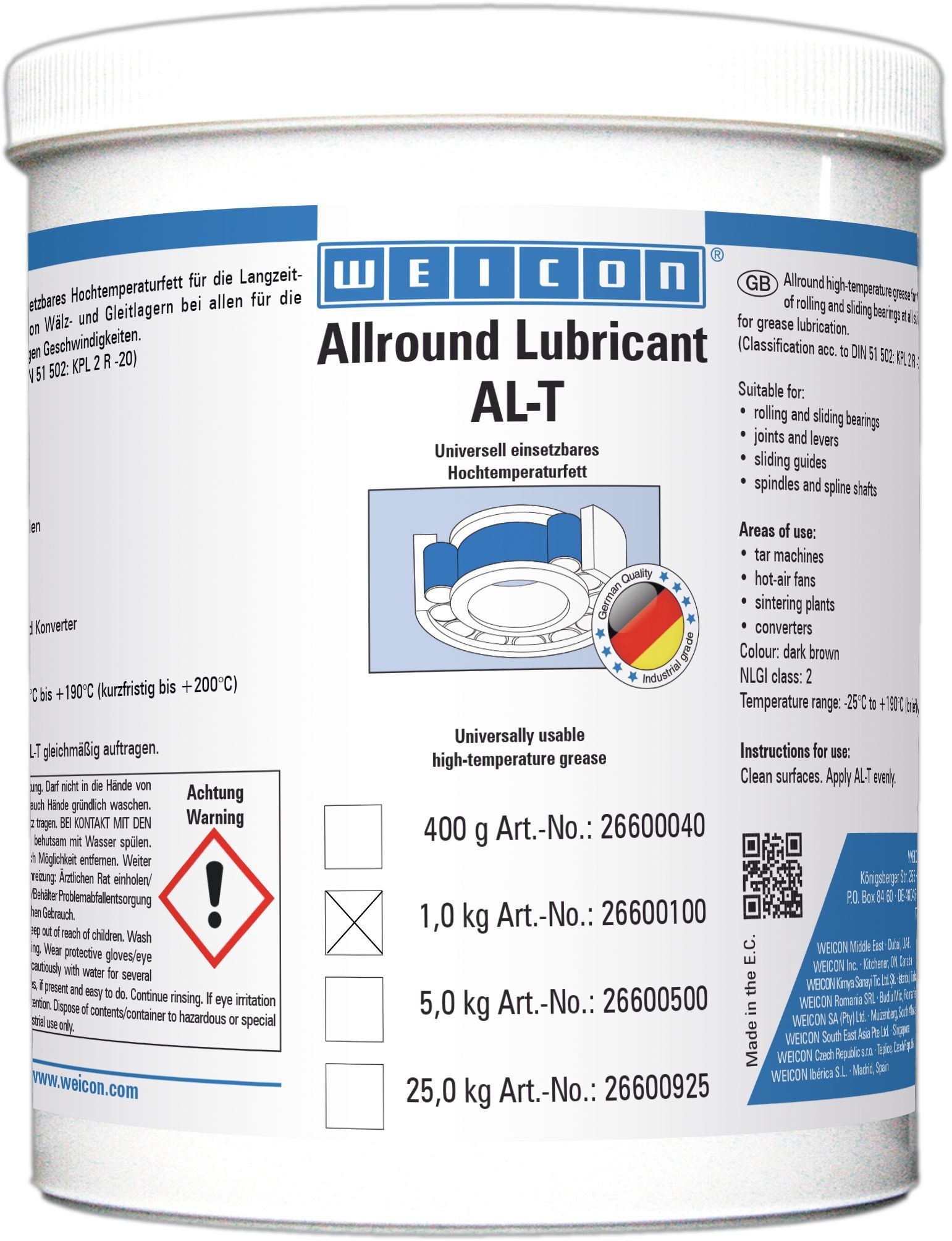 WEICON Schmierfett AL-T Hochleistungsfett, 1000 g, Hochtemperaturfett 190°C, Langzeitschmierung