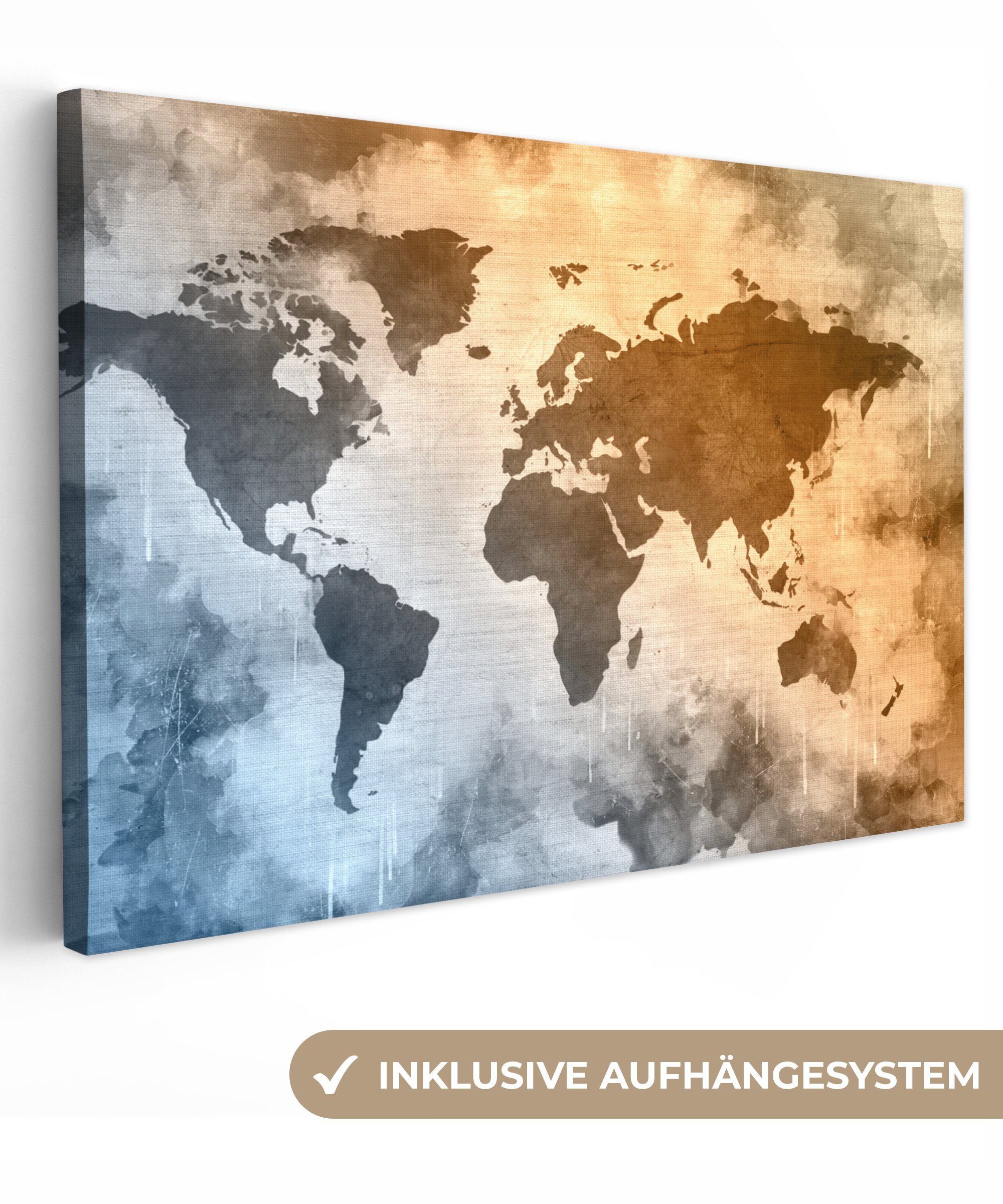 OneMillionCanvasses® Leinwandbild Weltkarte - Farben - Abstrakt, (1 St), Wandbild Leinwandbilder, Aufhängefertig, Wanddeko, 30x20 cm