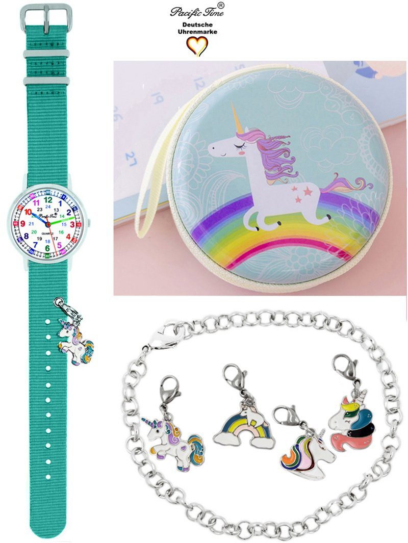 Pacific Time Quarzuhr Kinder Armbanduhr Lernuhr Wechselarmband mit Einhorn Charms, Mix und Match Design - Gratis Versand türkis