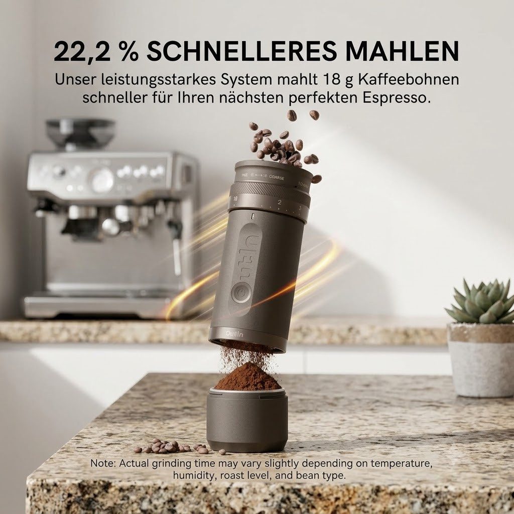OutIn Kaffeemühle OutIn Fino Coffee Grinder Kaffeemühle 28 Stufen Kegelmahlwerk Mobil, 38-mm-Kegelmahlwerk aus gehärtetem 420er Edelstahl mit siebeneckiger 7-Stern-Geometrie, 25 g Bohnenbehälter, 28 Mahlgrade, 38-mm-Siebeneckiges 7-Stern-Edelstahl-Kegelmahlwerk