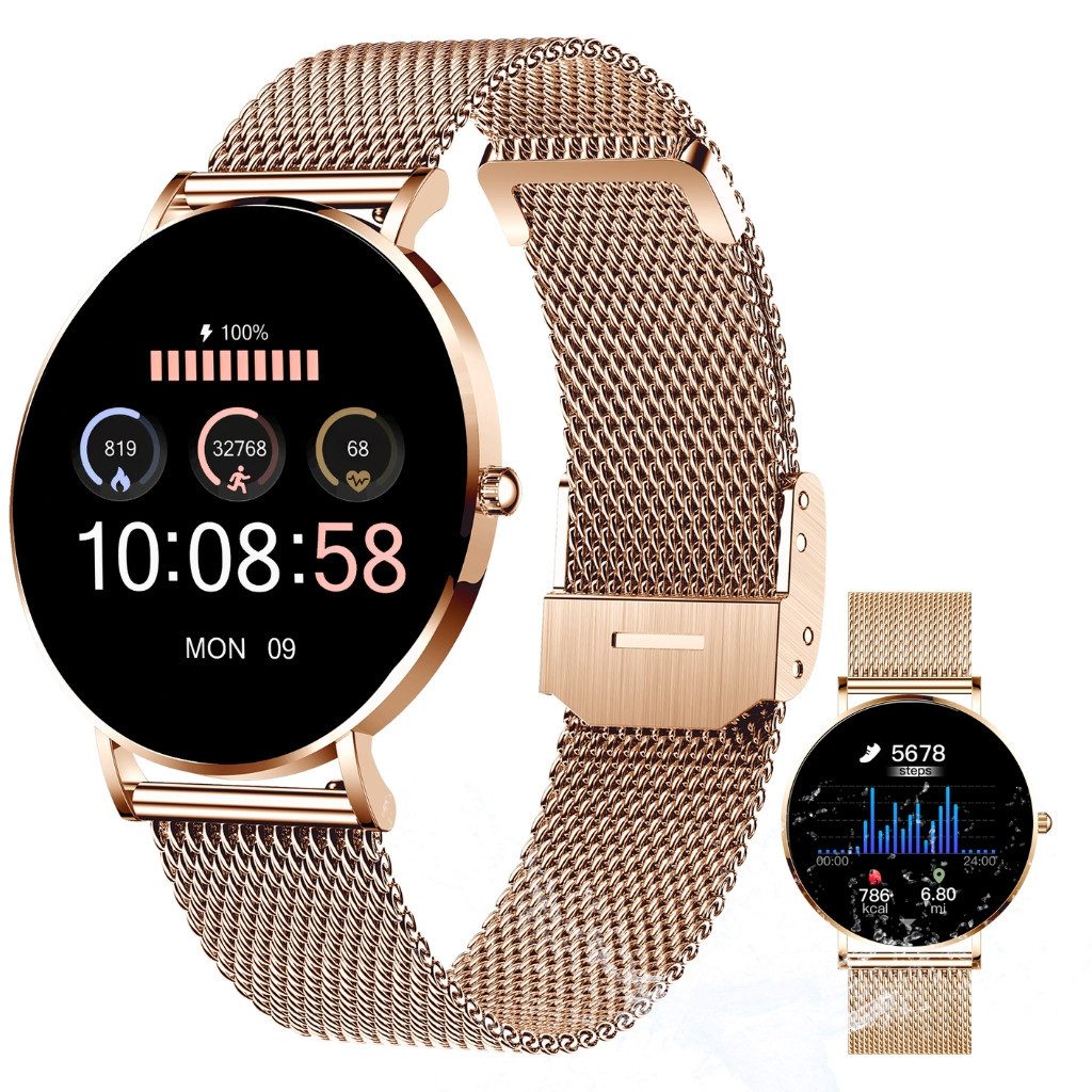 XCOAST SIONA 2 Damen Smartwatch (4,2 cm/1,3 Zoll, iOS & Android) Rosegold (hell), Fitness Tracker, 3-tlg., neueste Generation, Wasserdicht, Ultra flach, Puls, Blutdruck, brillante Farben