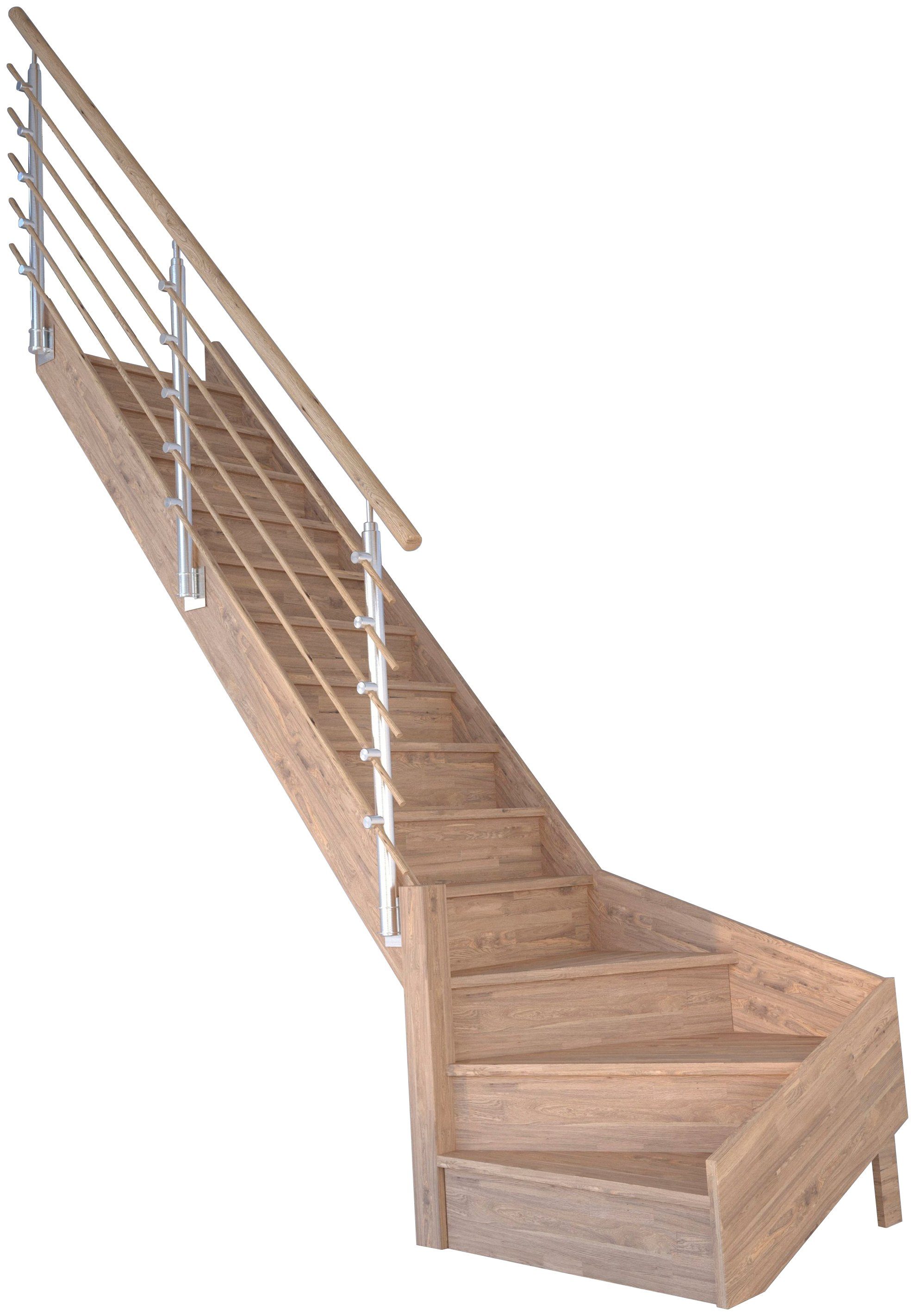 Starwood Raumspartreppe Massivholz Rhodos, Design-Geländer Holzrundstäbe, für Geschosshöhen bis 300 cm, Stufen geschlossen, gewendelt Links, Durchgehende Wangenteile