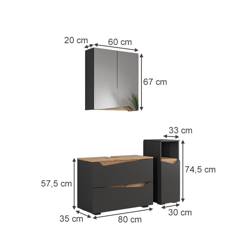 Vicco Badmöbel-Set Marelle, Anthrazit/Artisan, 3 Teile günstig online kaufen
