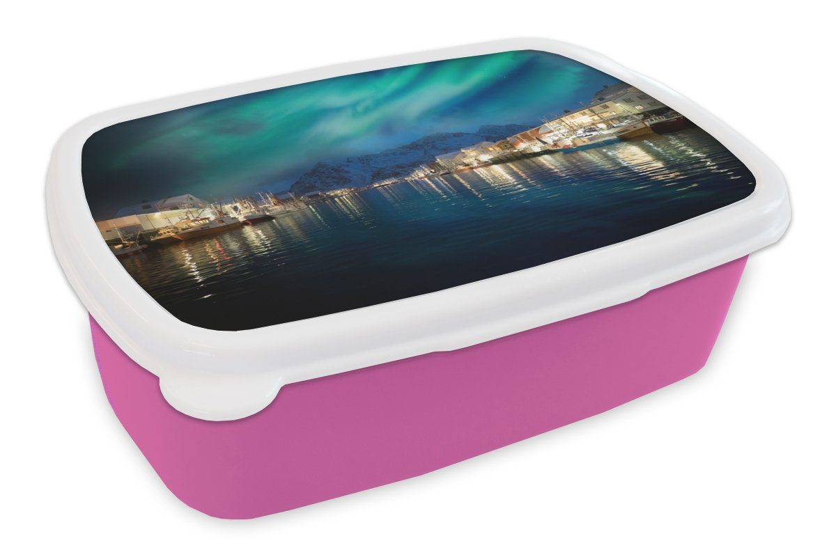 Brotbox (2-tlg), Kunststoff, MuchoWow Brotdose Kinder, Kunststoff Snackbox, Norwegen Berg, - Erwachsene, - für rosa Lunchbox Nordlichter Mädchen,
