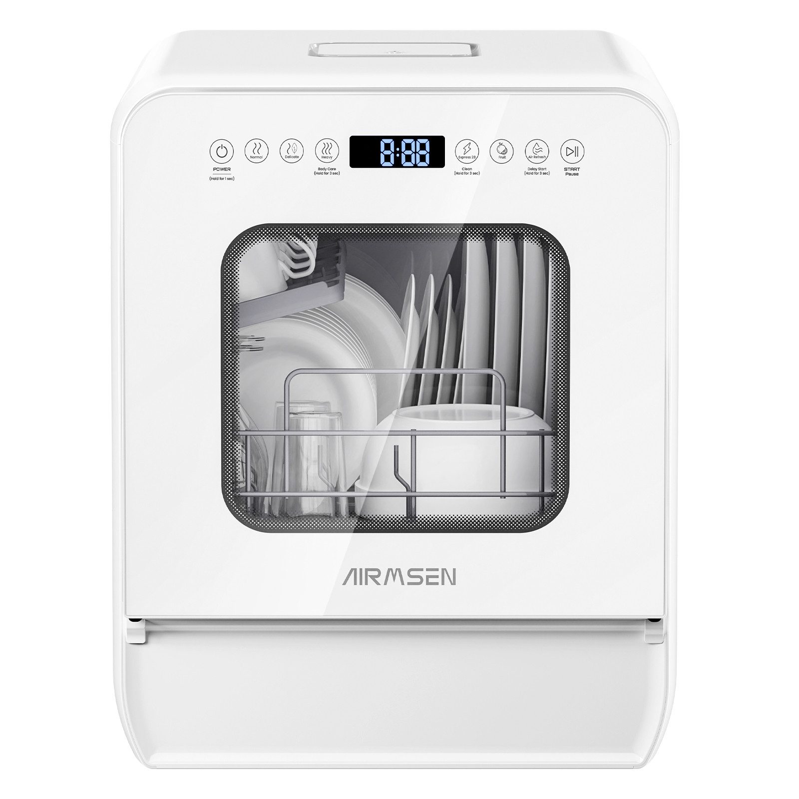 Airmsen Tischgeschirrspüler ZMW-DUHC01 Mini Geschirrspüler mit wassertank,9 Programme,37 * 50cm Ultra-Schmal & Tief, 1-24H Timer, 5 l, 4 Maßgedecke, Kompakt,Erweiterbarer Spülkorb
