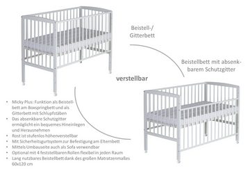 Schardt Kinderbett Baby Beistellbett Micky Plus mit Rollen, 60×120 cm, stufenlose Höhenverstellung, inkl. Umbauseite