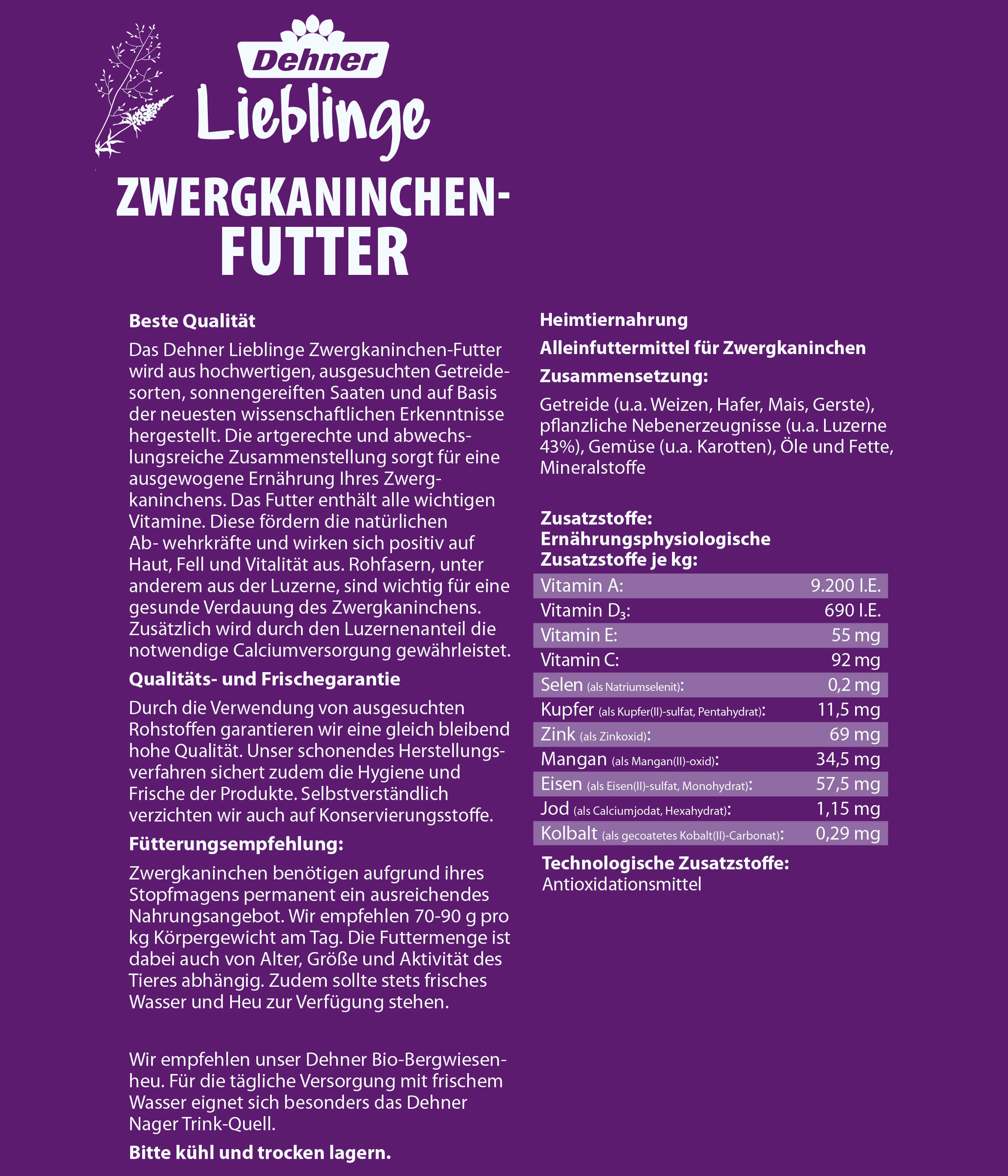 Dehner Zwergkaninchen-Futter, mit rohfaserreicher Luzerne, Hauptfutter für: Zwergkaninchen, Kaninchen, Kleintiere, Nager, 10 kg
