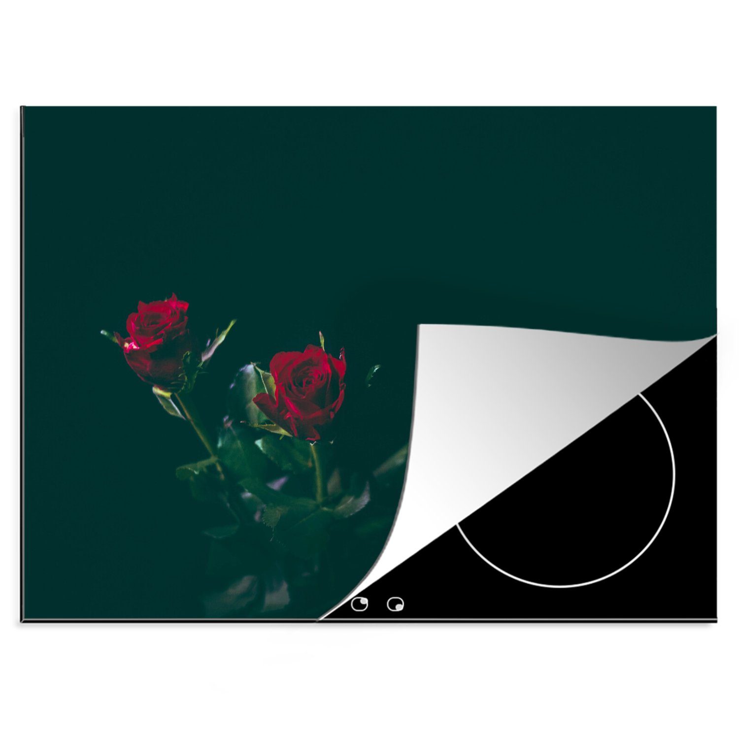 MuchoWow Herdblende-/Abdeckplatte Rosen - Rot - Grün, Vinyl, (1 tlg), 70x52 cm, Mobile Arbeitsfläche nutzbar, Ceranfeldabdeckung