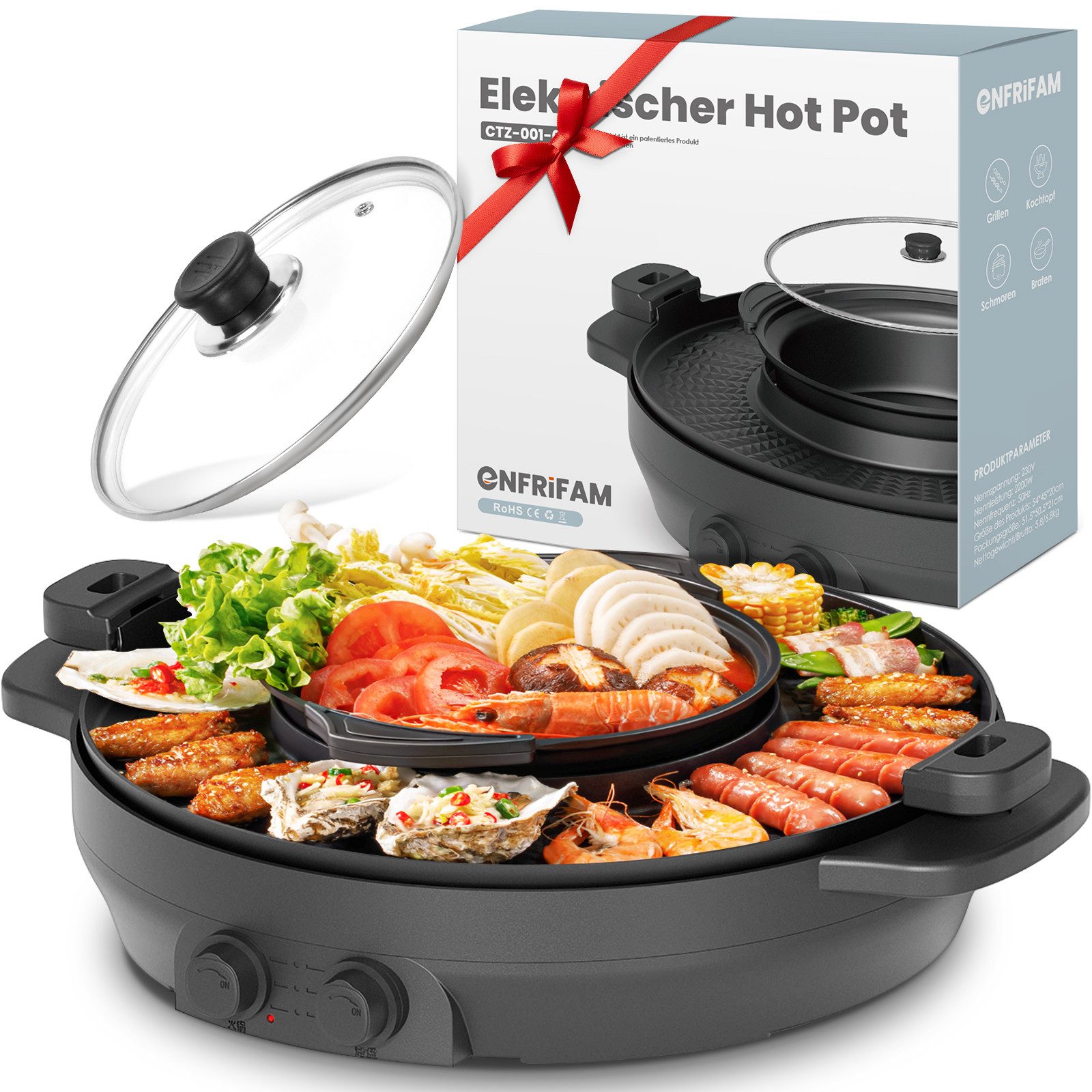 ENFRIFAM Teppanyakigrill Elektrische Hot Pot mit Grill, 2 in 1 Grillplatte Party-Pfanne Elektro, 2200 W, Antihaftbeschichtung, für 2-8 Personen, Doppelte Trennung Design