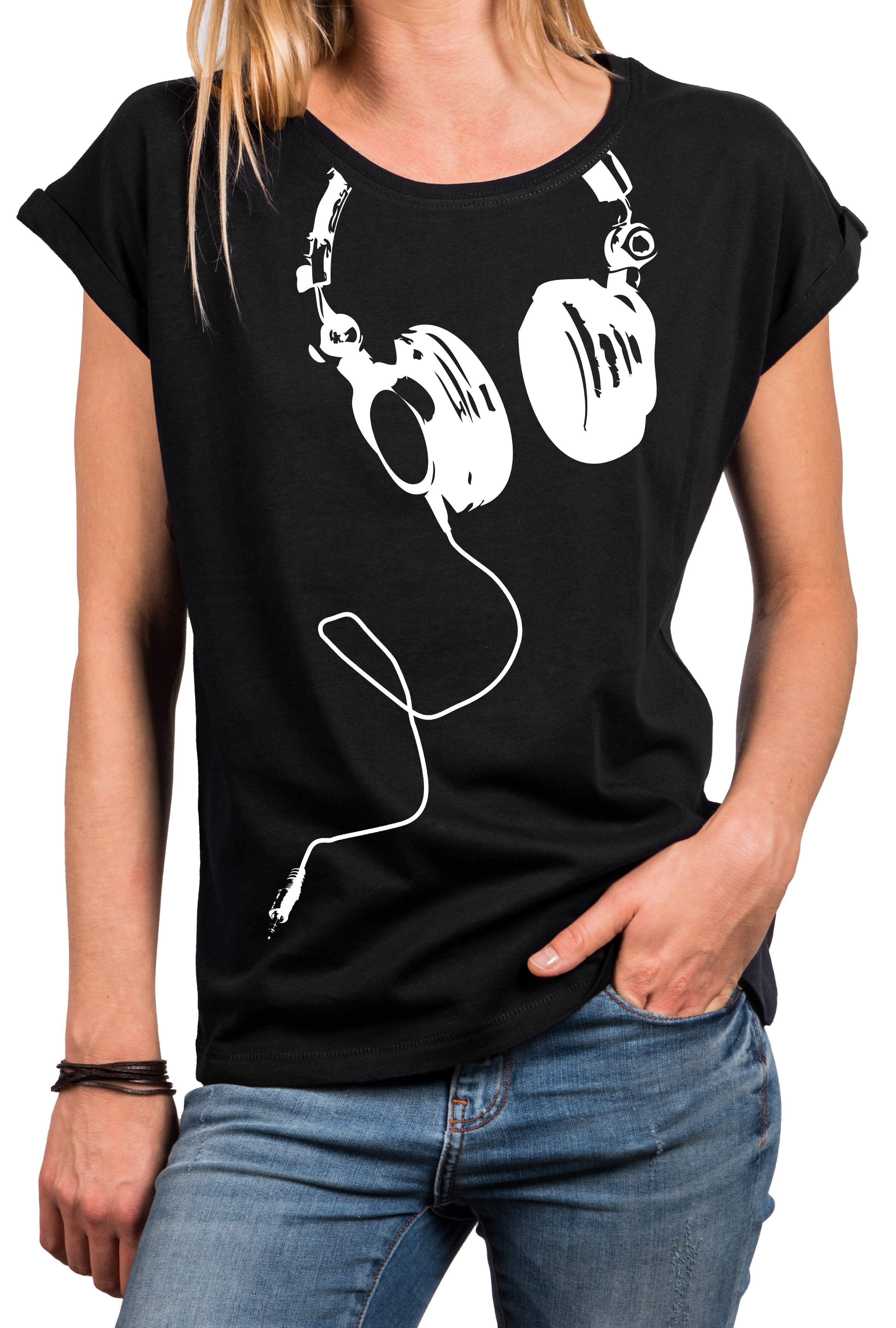 Große Basic Schwarz Oversize-Shirt Frauen Damen Baumwolle) Top mit Größen - Kopfhörer Tunika Aufdruck Sommer MAKAYA (Oberteile, Print