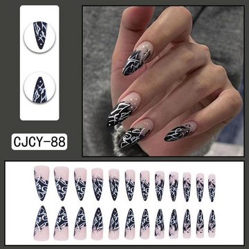YRIIOMO Kunstfingernägel Lange, spitze, schwarz-weiße Graffiti-Mädchen-Farbverlauf, tragbare, abnehmbare Maniküre-Nägel