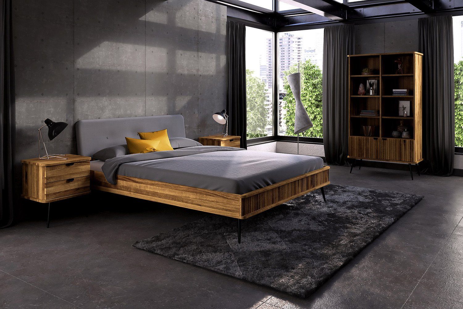 Natur24 Einzelbett »Bett Tula 2 aus Wildeiche massiv 80x200 cm mit  Polsterkopfteil und Metallbeinen«
