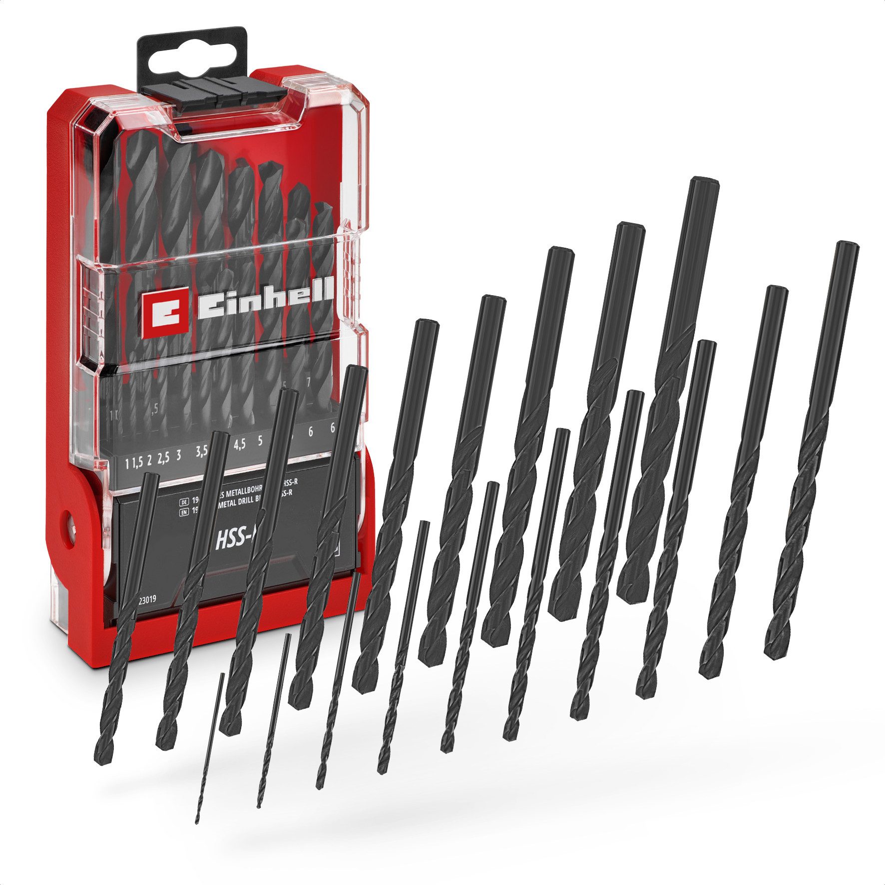 Einhell Bohrer- und Bit-Set Original Einhell 19-tlg. HSS-R Metallbohrer-Set (HSS 4241 Stahl, schwa, (19x HSS-R Metallbohrer (1 / 1,5 / 2 / 2,5 / 3 / 3,5 / 4 / 4,5 / 5 / 5,5 / 6 / 6,5 / 7 / 7,5 / 8 / 8,5 / 9 / 9,5 / 10 mm), 1x Aufbewahrungskassette (15,0 x 8,7 x 3,5 cm), 19-tlg), Original Einhell 19-tlg. HSS-R Metallbohrer-Set (HSS 4241 Stahl, schwa