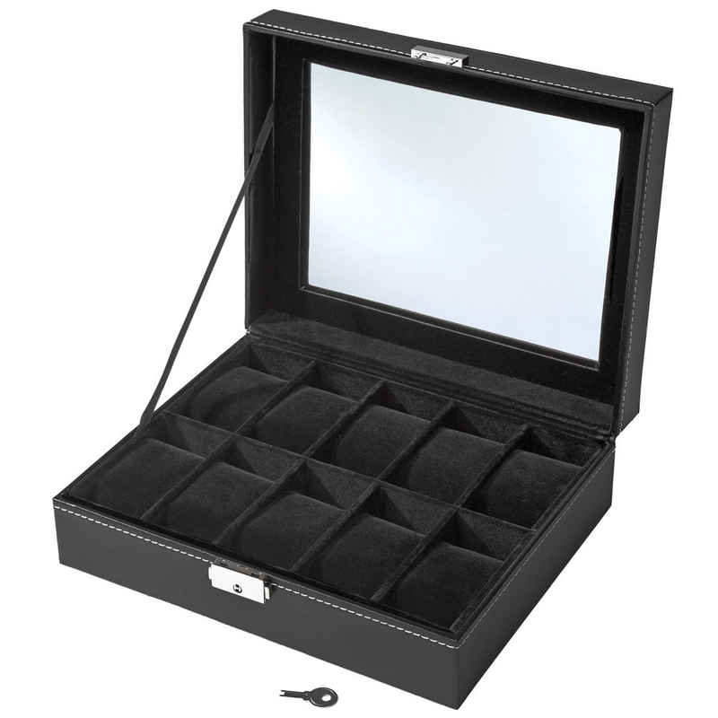 tectake Uhrenbox »Uhrenbox mit 10 Fächern inkl. Schlüssel«, abschließbar, Schnappschloss, Polsterspangen, Sichtfenster