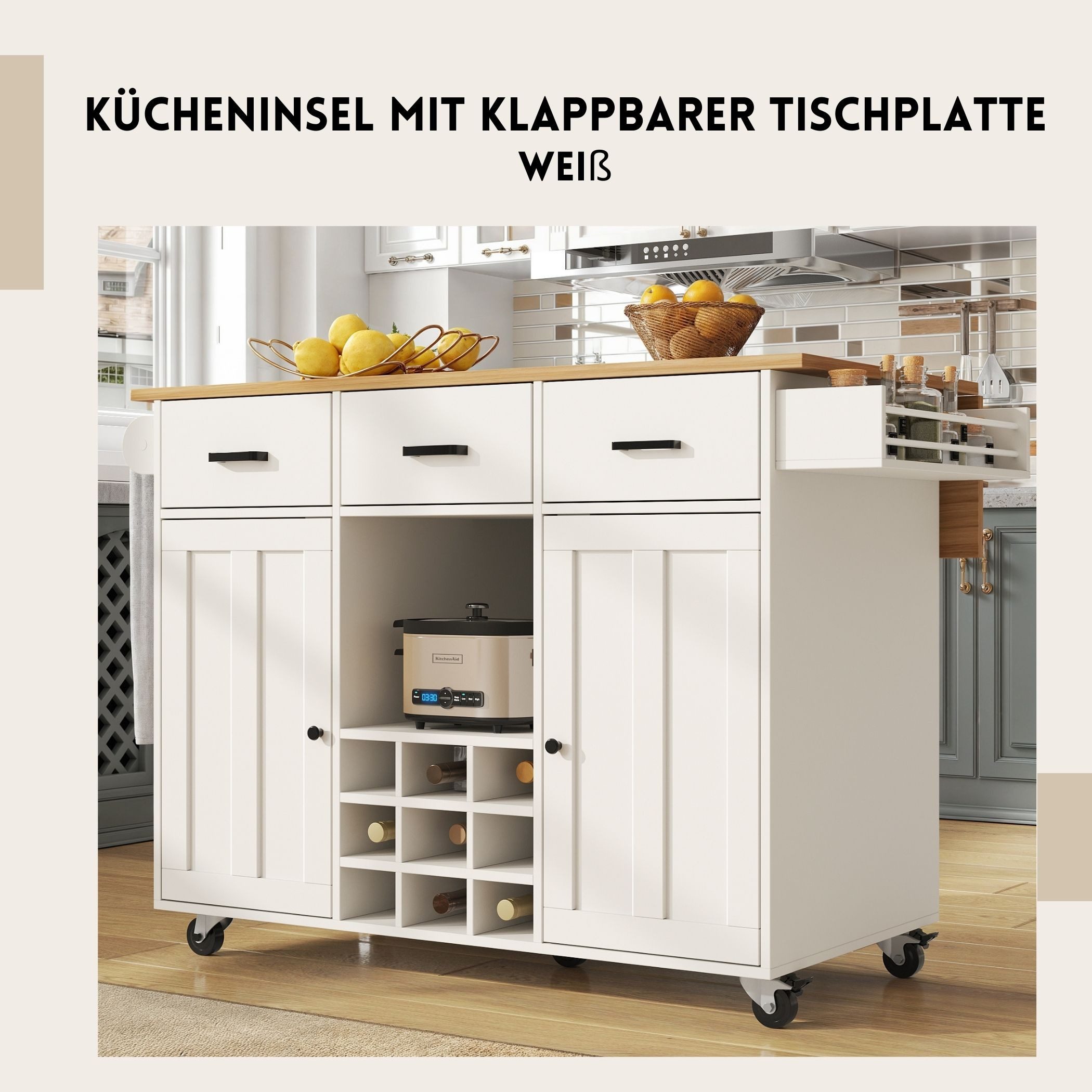 SeedWave Kücheninsel mit klappbarer Tischplatte, 3 Schubladen, Doppeltür-Sc günstig online kaufen