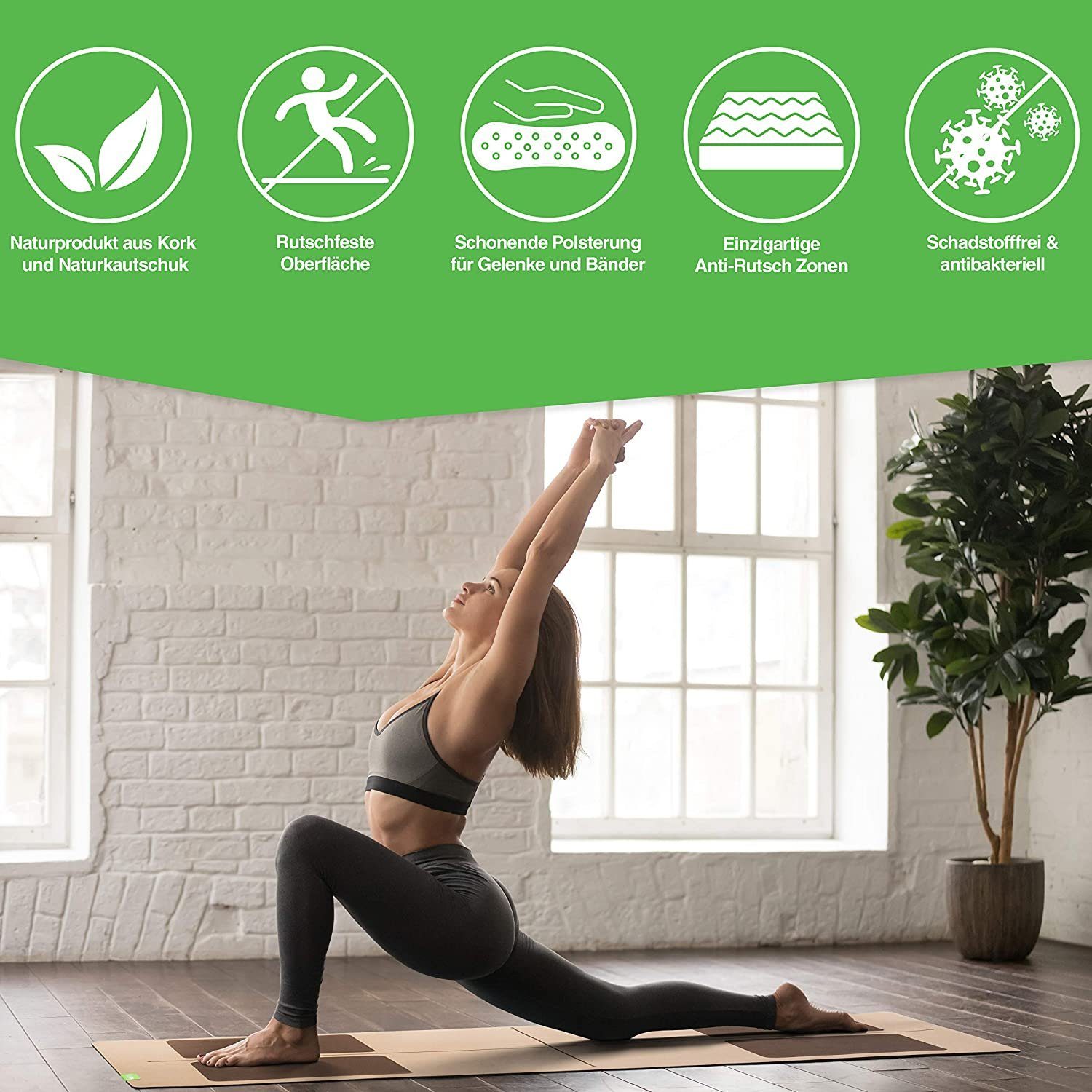 BACKLAxx® Yogamatte aus hochwertigem Kork, Gymnastikmatte 183 x 61 x 0,6 cm (Fitnessmatte aus Kork, inkl. Tragegurt & Videokurs), 4 mm stark, aus natürlichen Rohstoffen, mit Antirutschzonen
