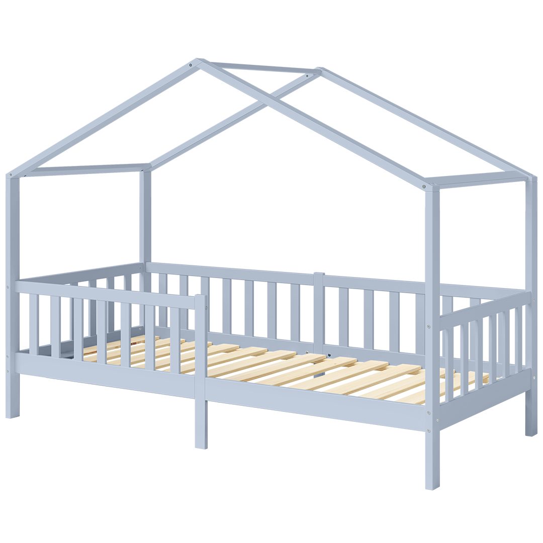 Bellabino Kinderbett Bia mit Rausfallschutz & Lattenrost (blau, optional mit Matratze), Kinderbett aus Kiefernholz, verfügbar in 80x160/90/120/140x200 cm