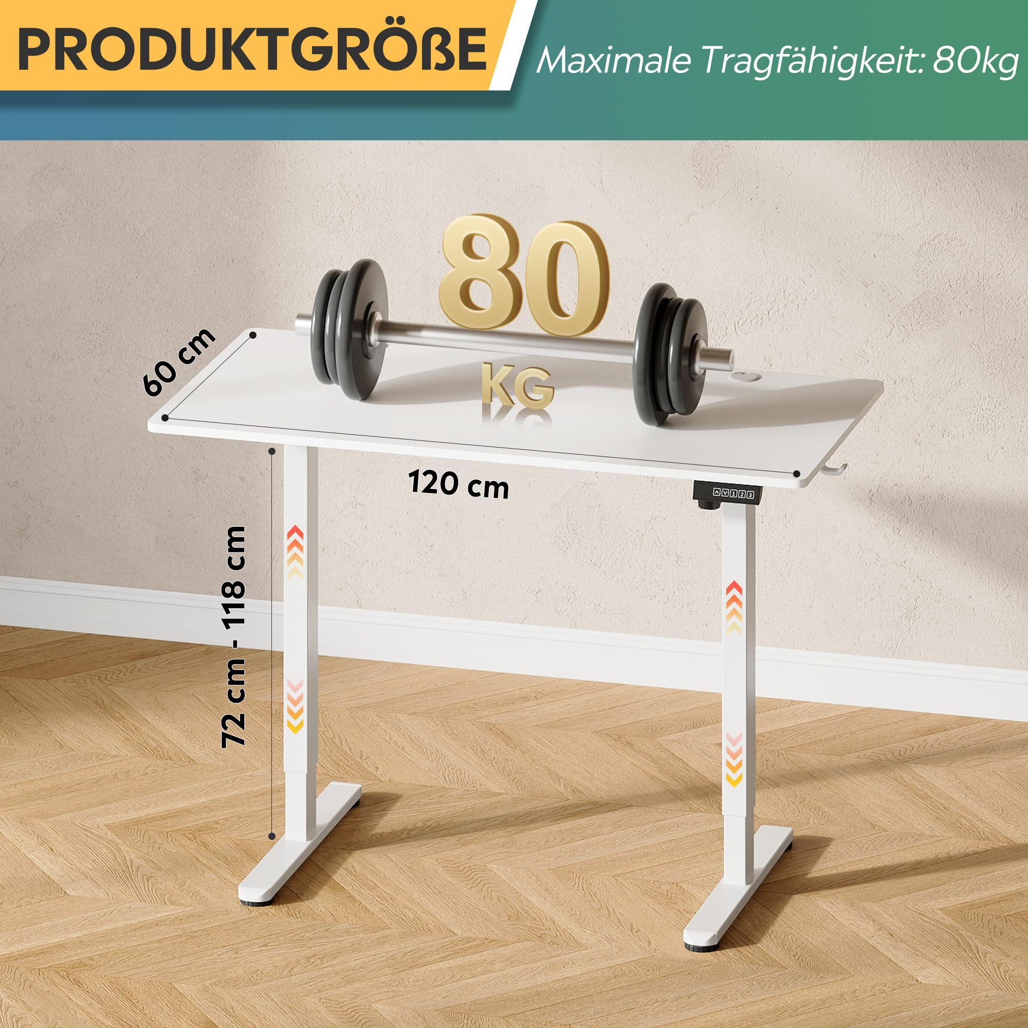 DEVAISE Schreibtisch Höhenverstellbarer Schreibtisch elektrisch 100×60 cm (Höhenverstellung 72–118 cm, Memory-Funktion für 3 Höhen, leise <50 dB, 120 x 60 cm 1 Tisch), Ergonomischer Computertisch für Büro, Home Office, Farbe Eiche