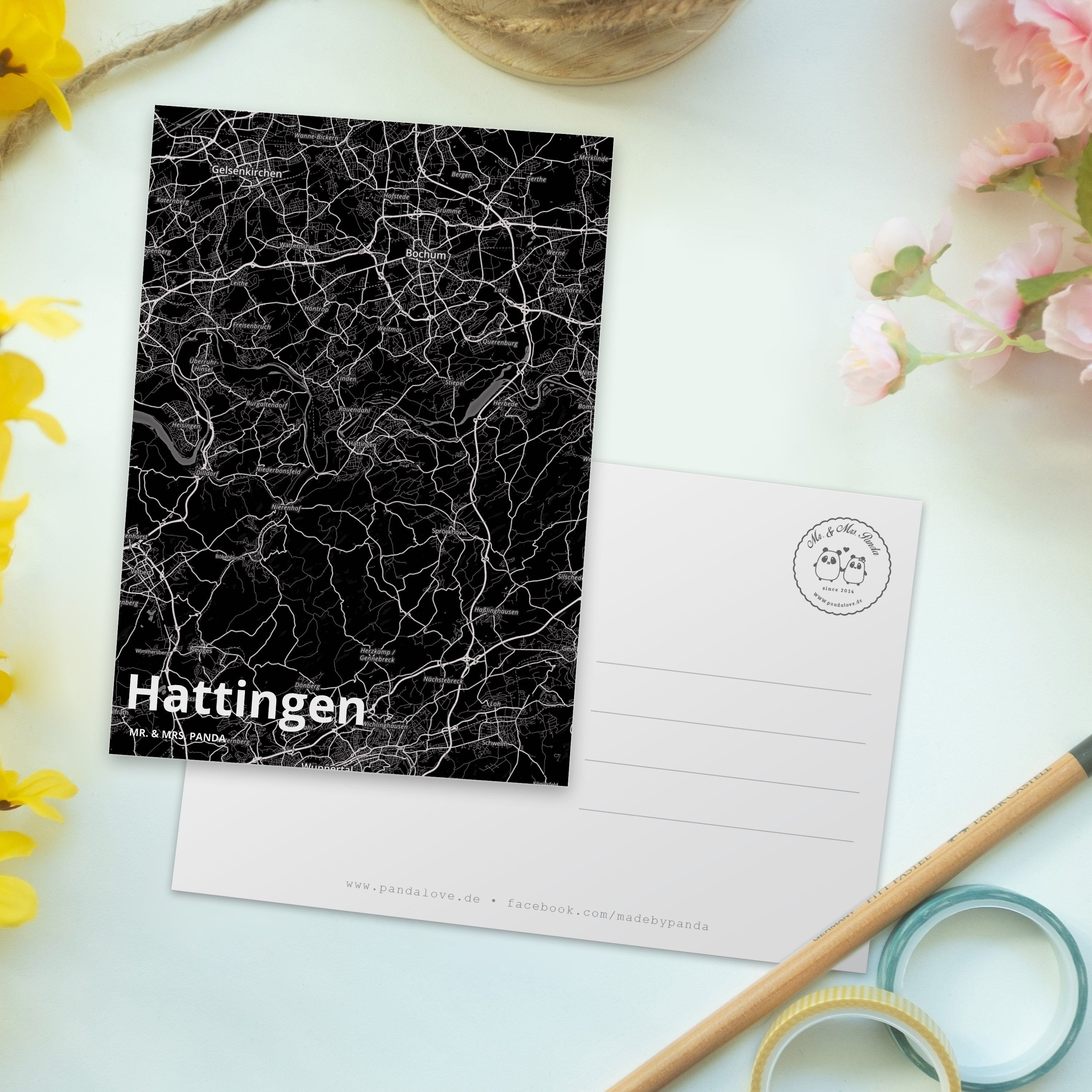 Ansichtskarte, Postkarte Mr. Dorf, Geschenk, Geschenkkarte, Mrs. & Panda Stadt, - Einl Hattingen