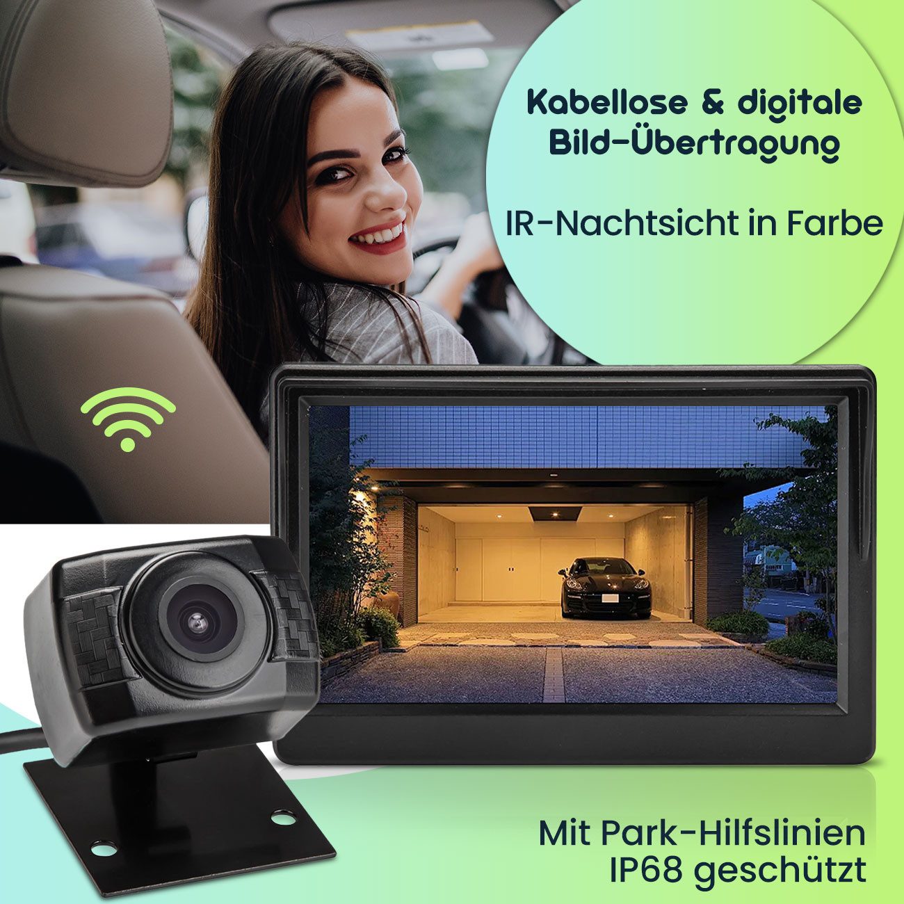 Casativo Funk-Rückfahrkamera 5" Farb-Monitor HD Einparkhilfe für Auto & Caravan Rückfahrkamera (5" LCD-Display, 170° HD, AHD, Farb-IR-Nachtsicht & 12V)